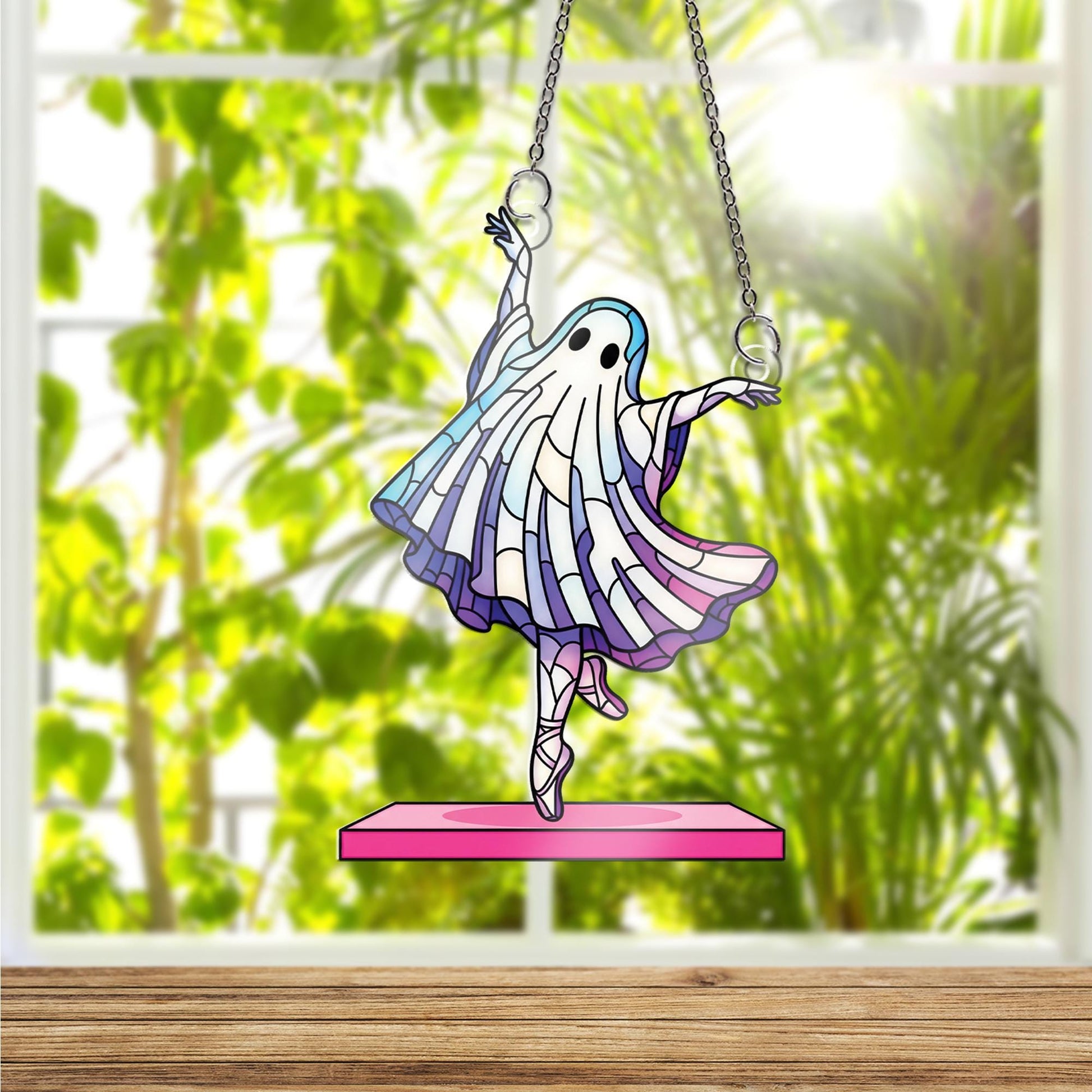 Ghost Ballerina Suncatcher - Cute Halloween Ballet Window Hanging, Stained Glass Style Ghost Dancer Decor for Spooky Fall Home Vibes