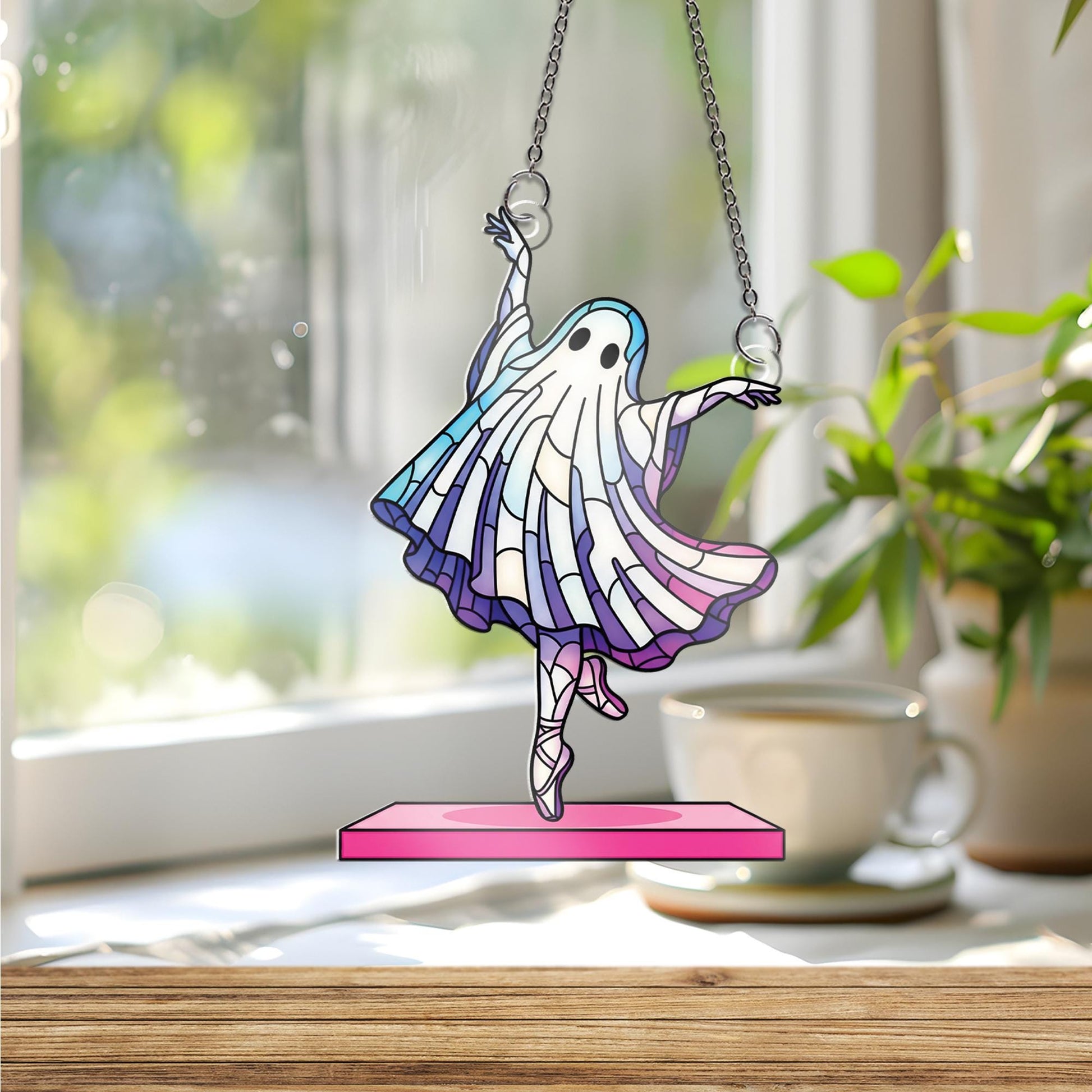 Ghost Ballerina Suncatcher - Cute Halloween Ballet Window Hanging, Stained Glass Style Ghost Dancer Decor for Spooky Fall Home Vibes