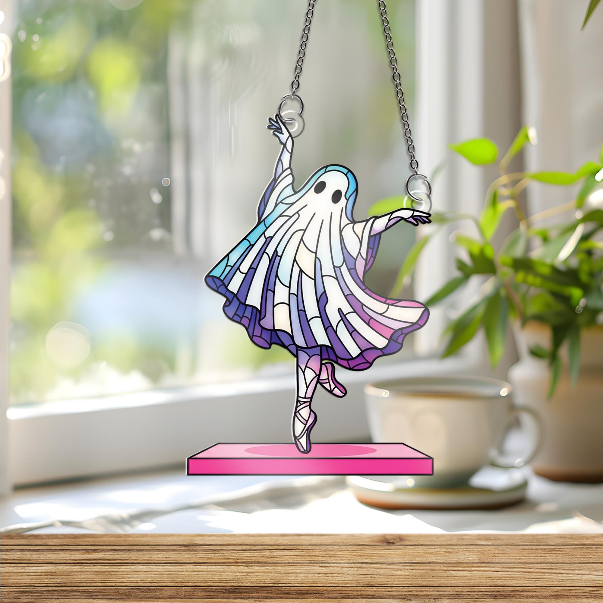 Ghost Ballerina Suncatcher - Cute Halloween Ballet Window Hanging, Stained Glass Style Ghost Dancer Decor for Spooky Fall Home Vibes