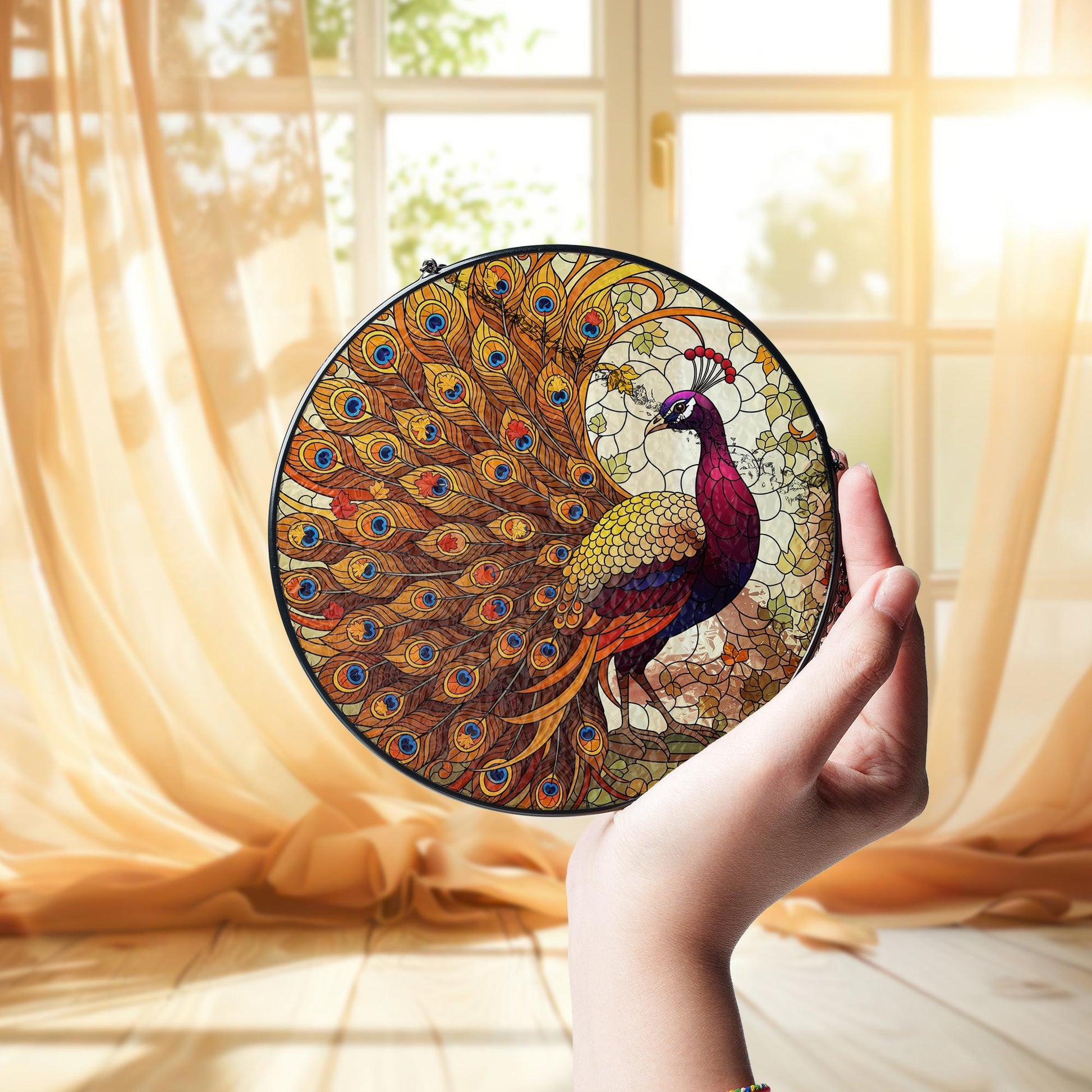Peacock Stained Glass Suncatcher - Round Window Hanging Bird Decor Gift
