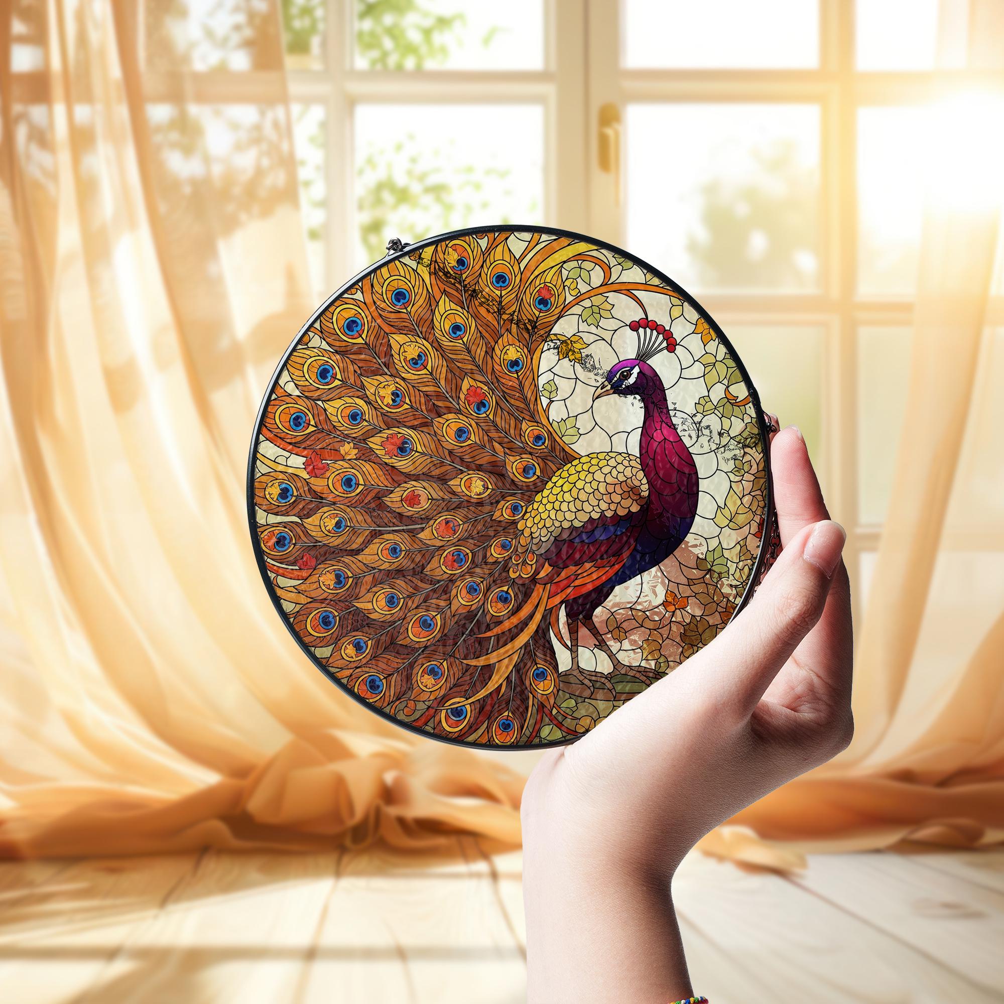 Peacock Stained Glass Suncatcher - Round Window Hanging Bird Decor Gift