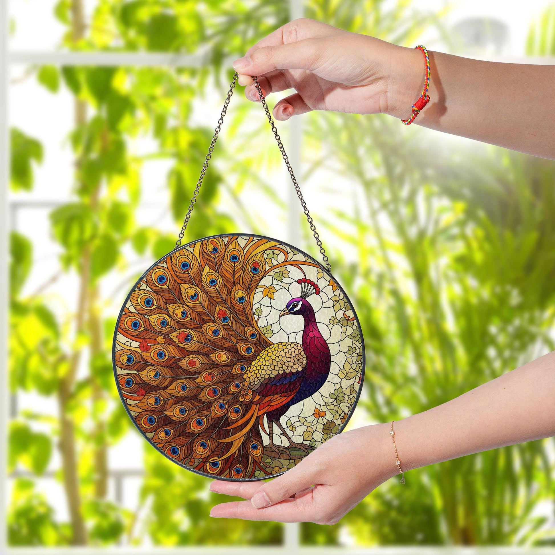 Peacock Stained Glass Suncatcher - Round Window Hanging Bird Decor Gift