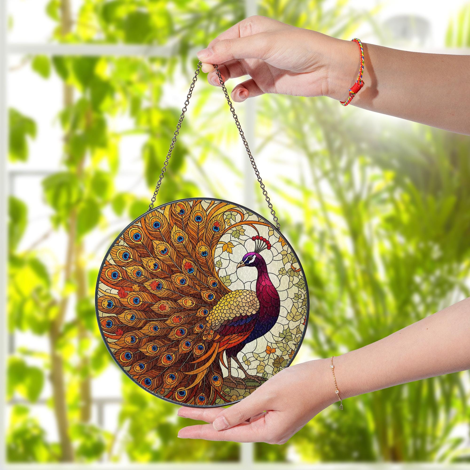 Peacock Stained Glass Suncatcher - Round Window Hanging Bird Decor Gift
