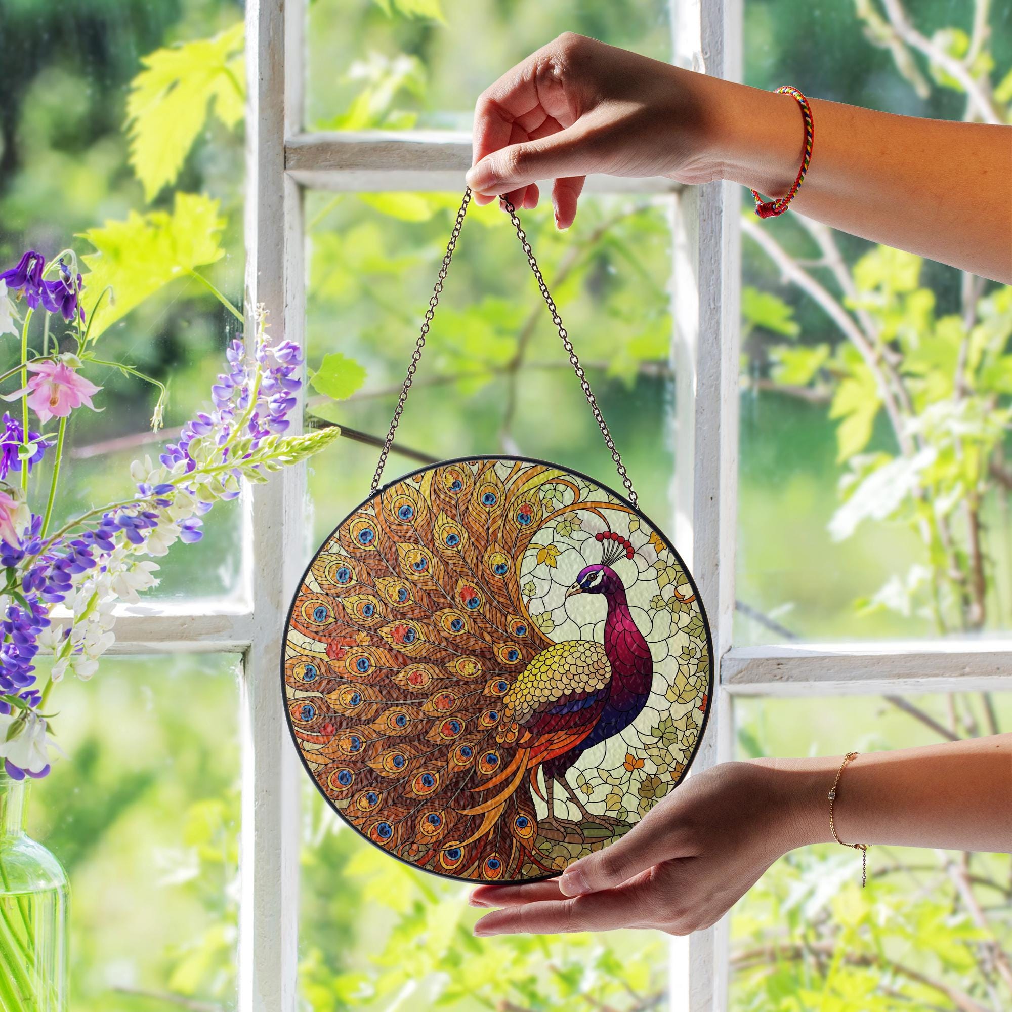 Peacock Stained Glass Suncatcher - Round Window Hanging Bird Decor Gift