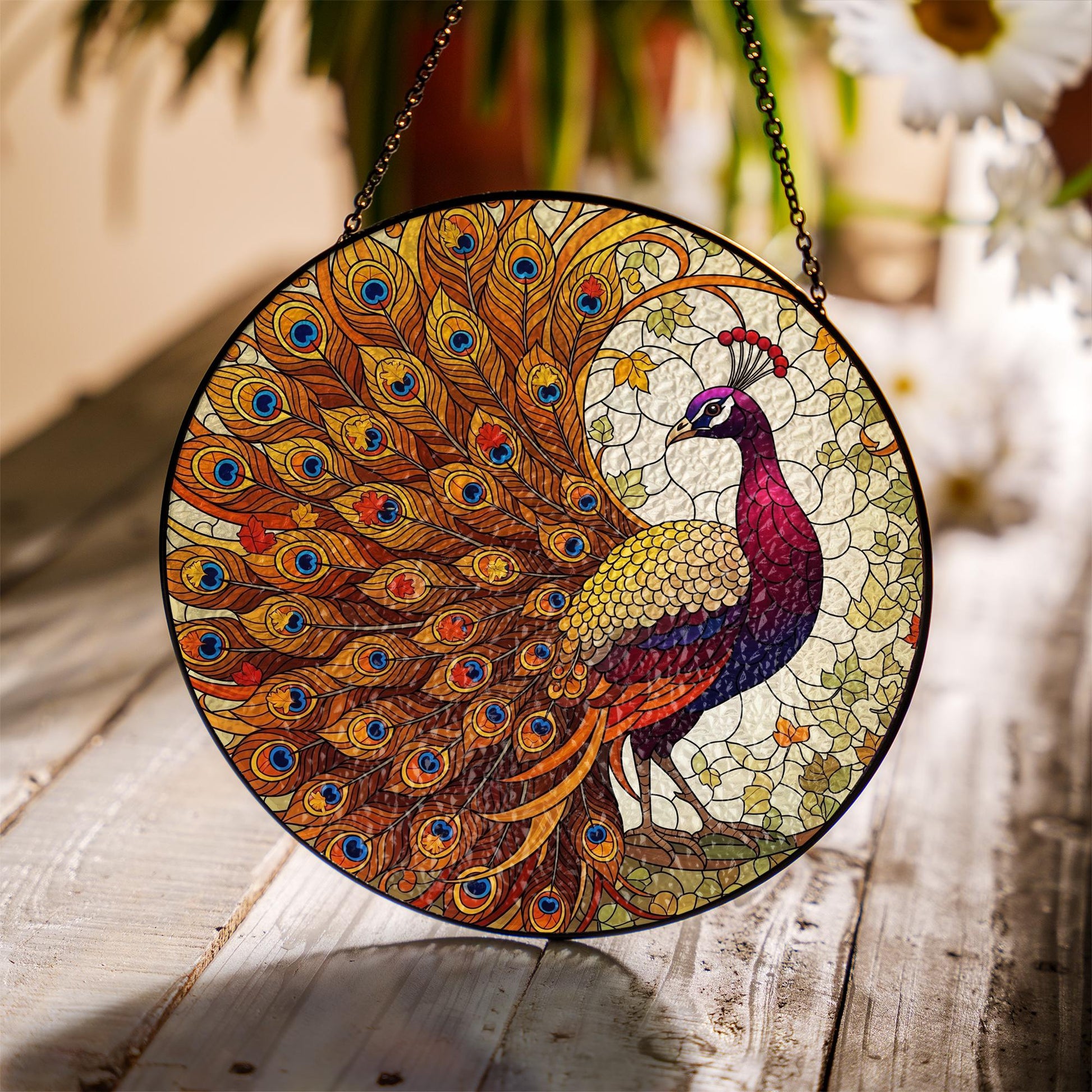 Peacock Stained Glass Suncatcher - Round Window Hanging Bird Decor Gift