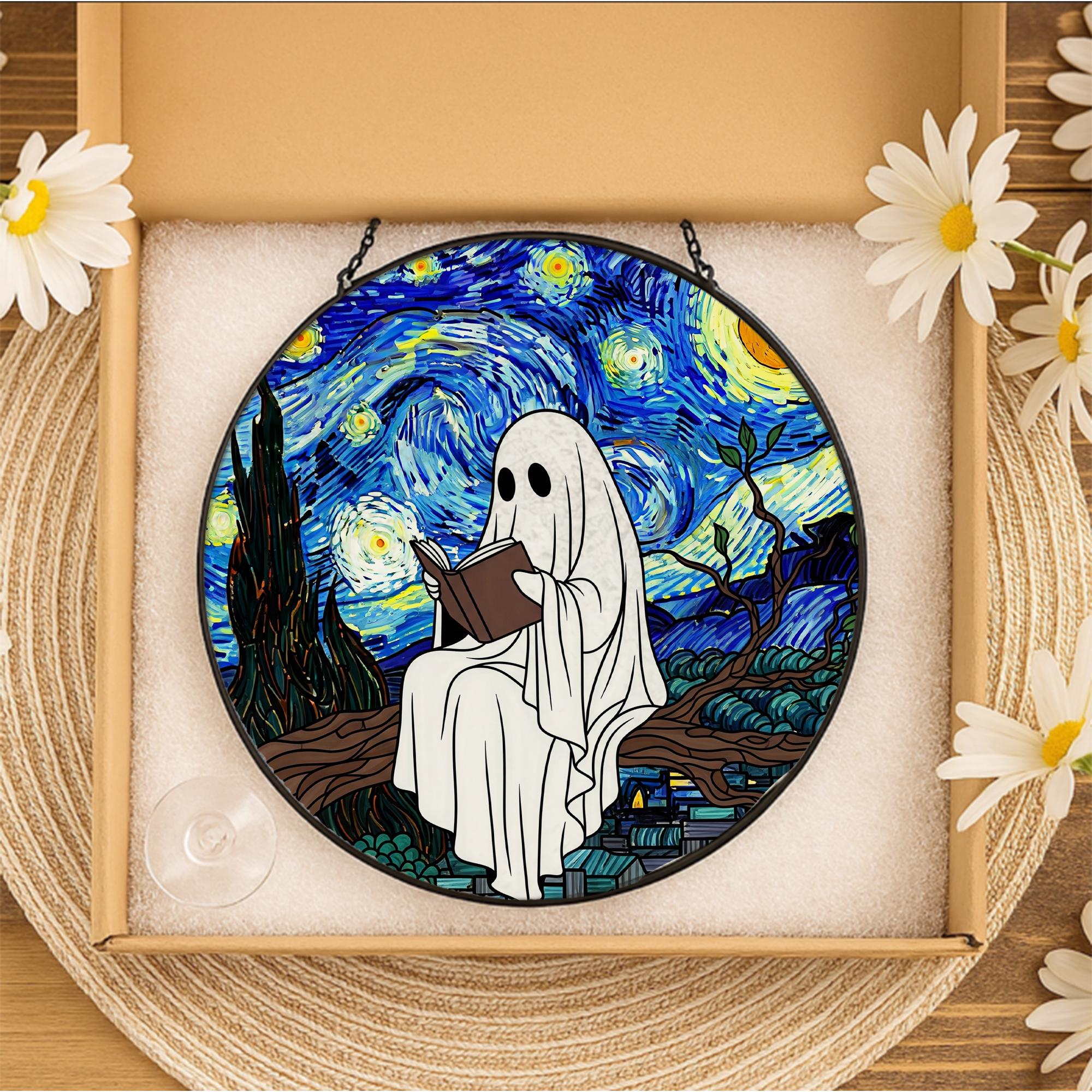Ghost Reading Starry Night Suncatcher - Faux Stained Glass Window Hanging, Spooky Cute Halloween Decor for Book Lovers and Art Fans