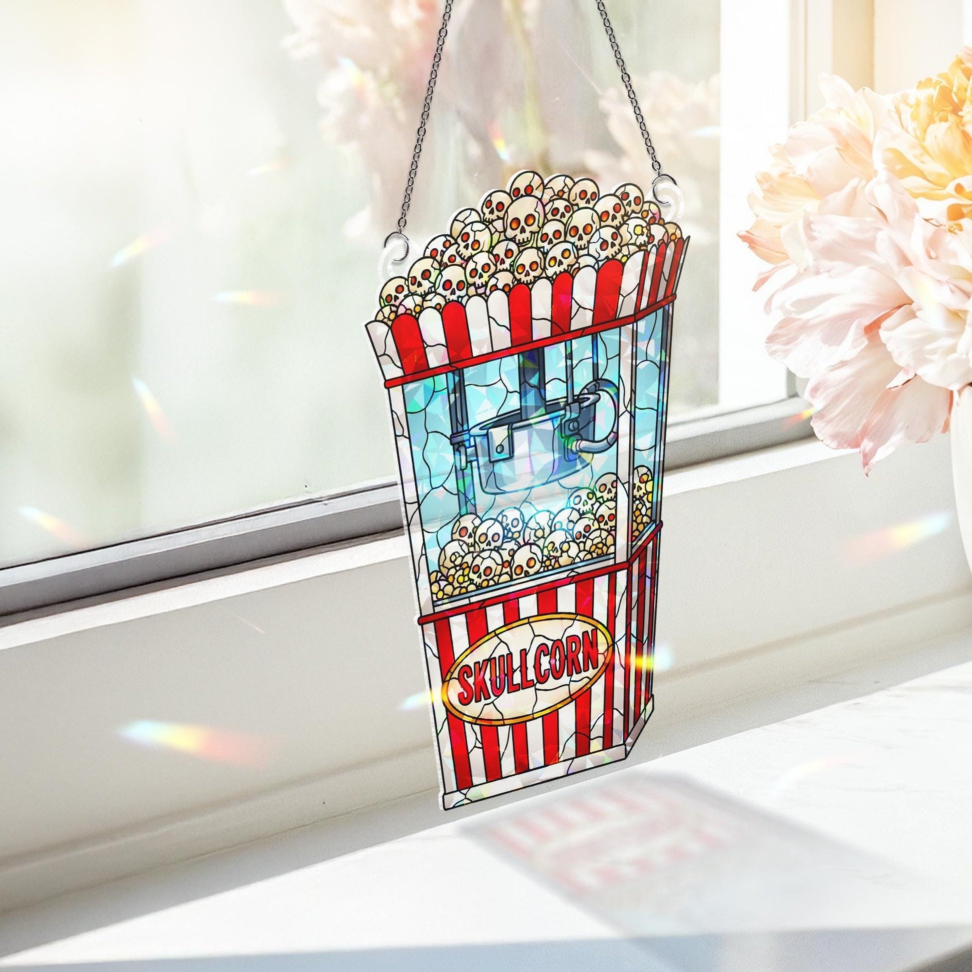 Skullcorn Stained Glass Suncatcher - Gothic Popcorn Horror Window Decor
