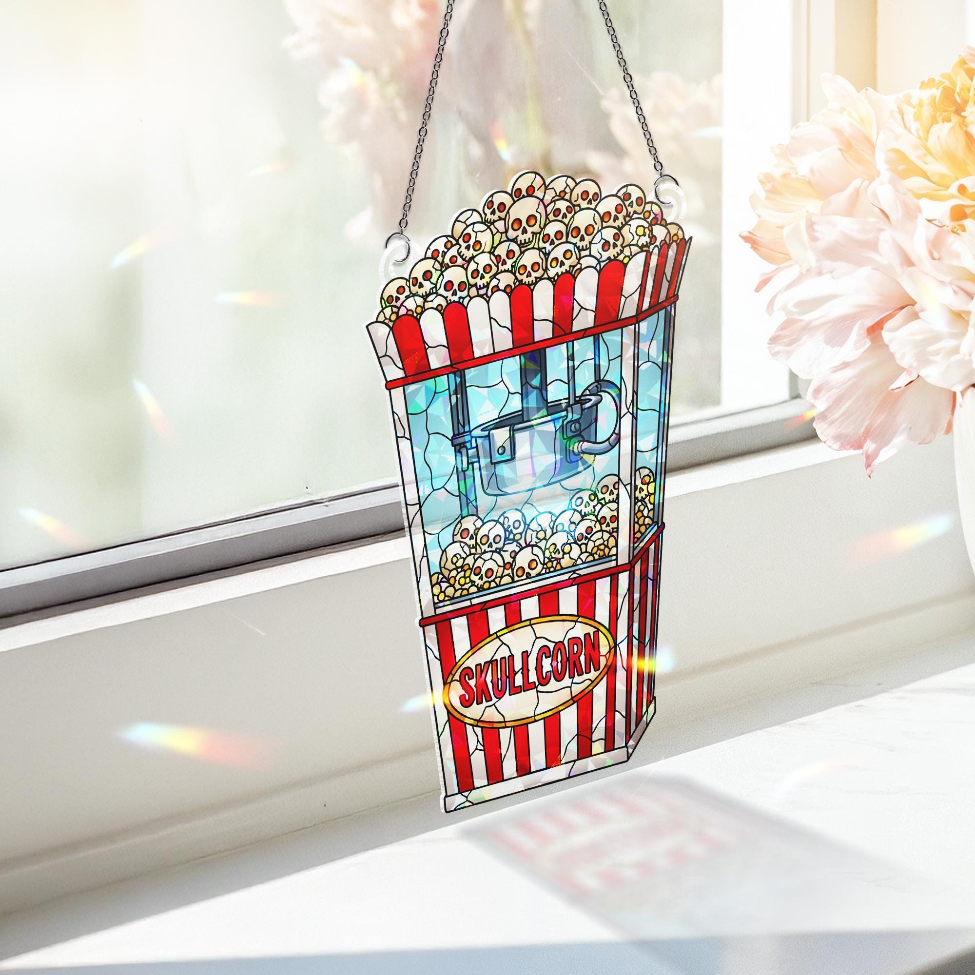 Skullcorn Stained Glass Suncatcher - Gothic Popcorn Horror Window Decor