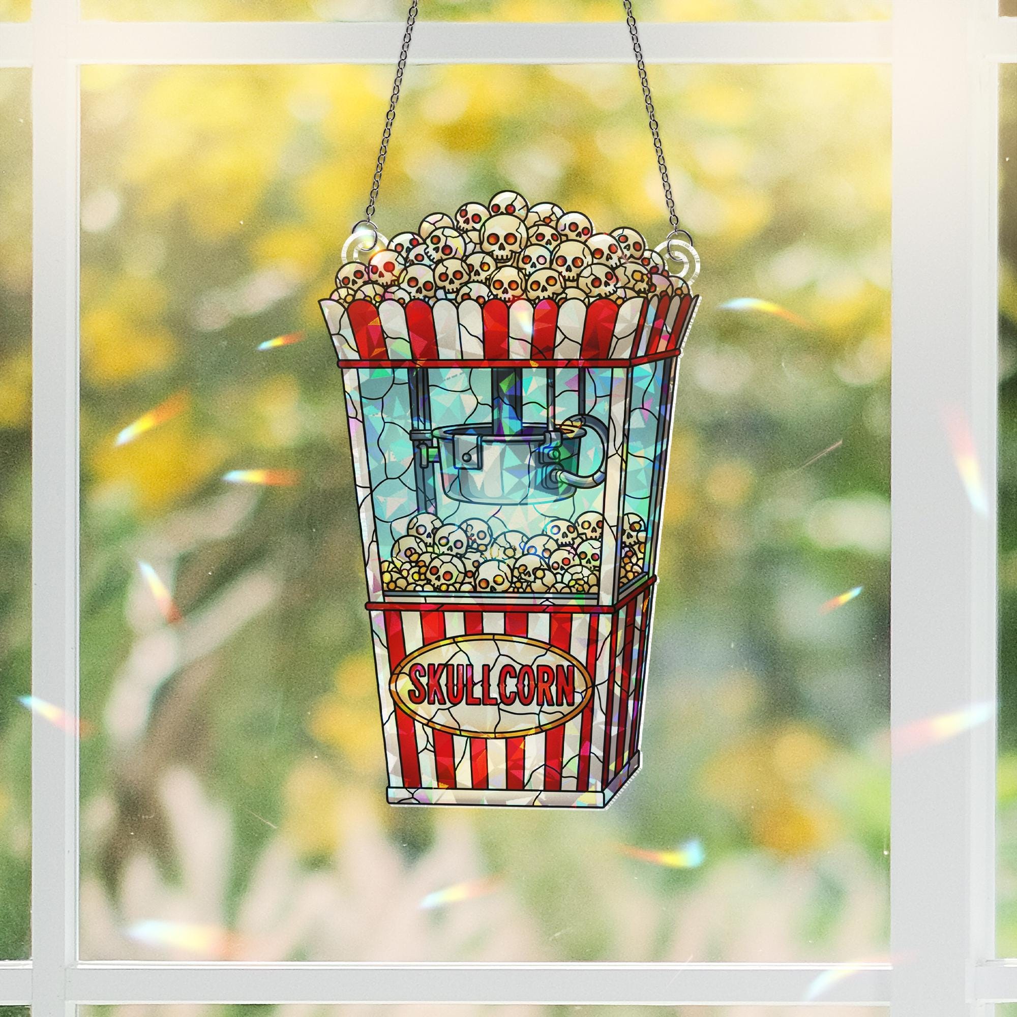 Skullcorn Stained Glass Suncatcher - Gothic Popcorn Horror Window Decor