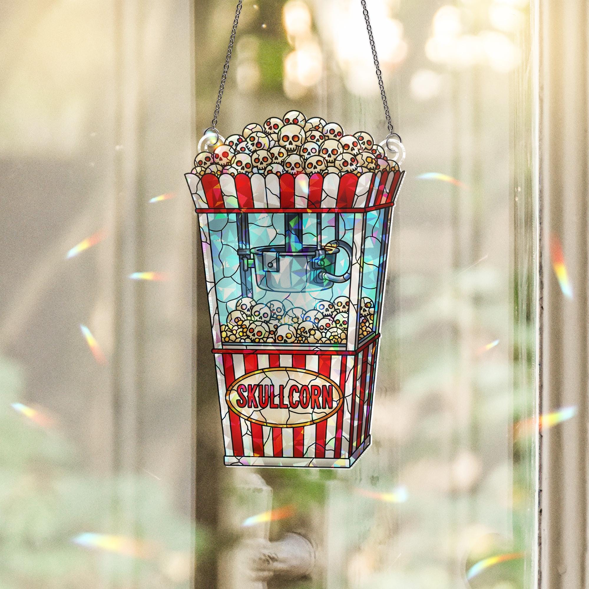 Skullcorn Stained Glass Suncatcher - Gothic Popcorn Horror Window Decor