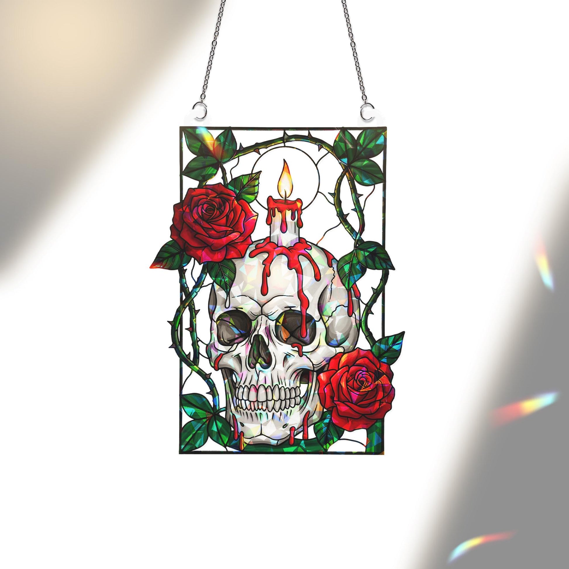 Skull and Rose Stained Glass Suncatcher – Gothic Candle Horror Window Decor