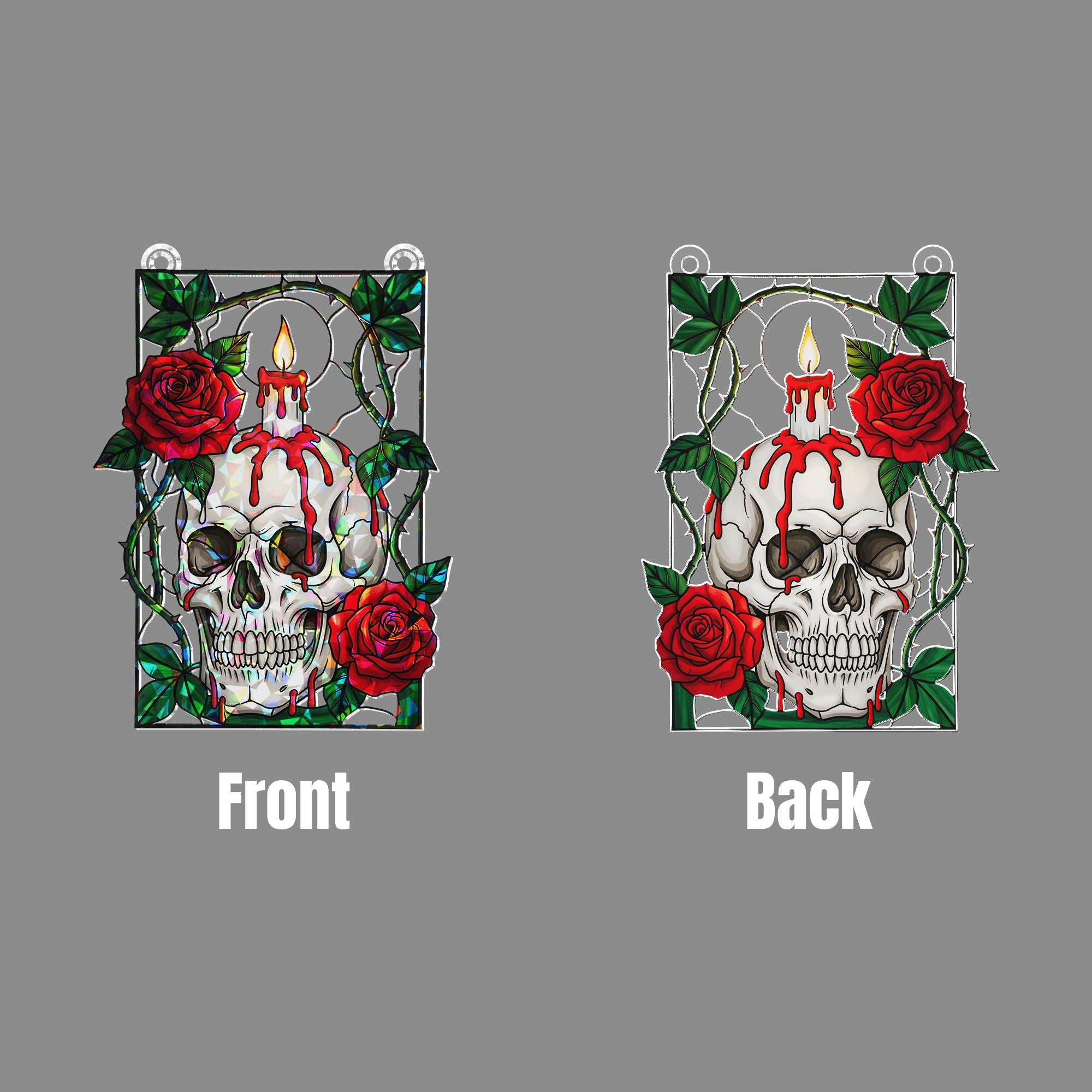 Skull and Rose Stained Glass Suncatcher – Gothic Candle Horror Window Decor