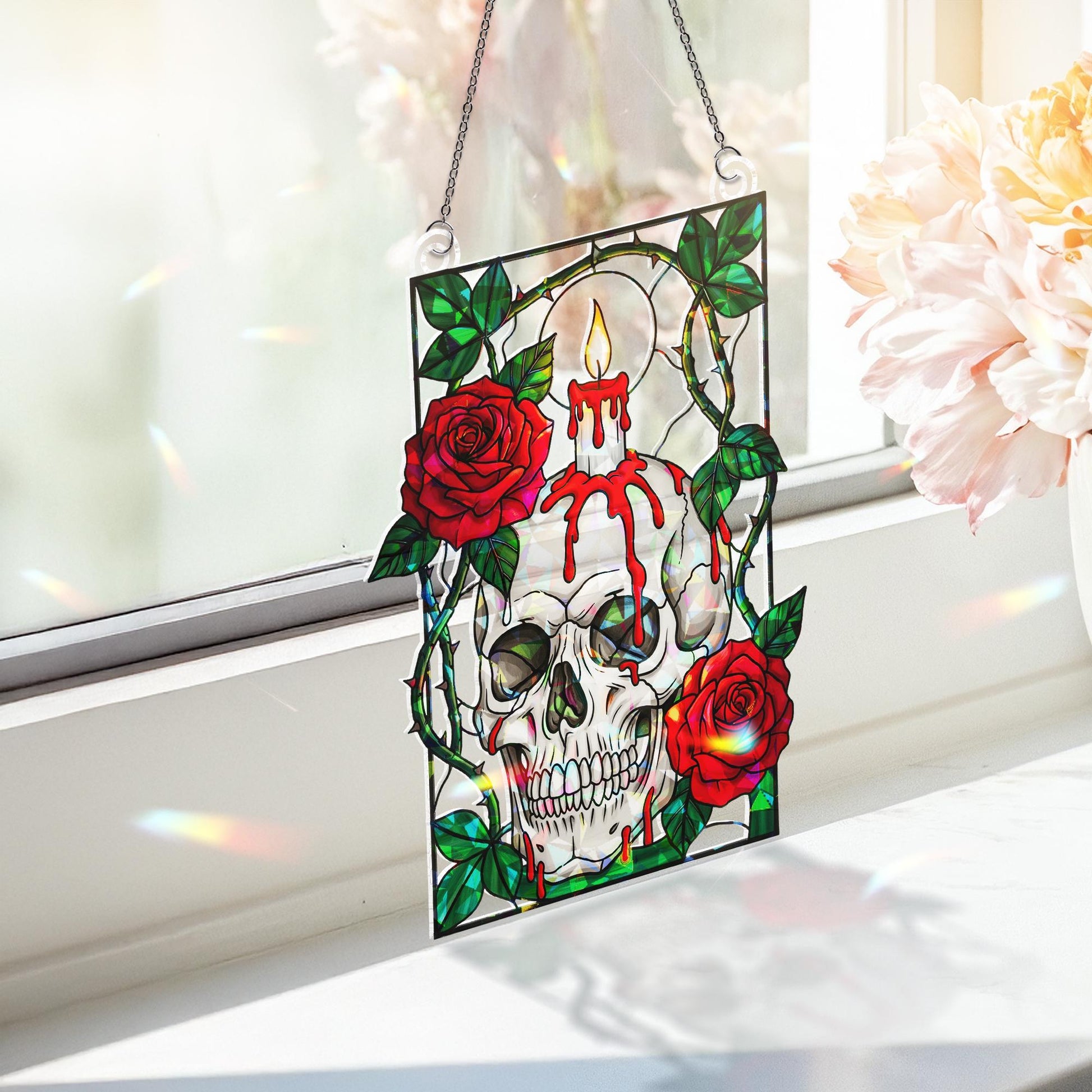 Skull and Rose Stained Glass Suncatcher – Gothic Candle Horror Window Decor