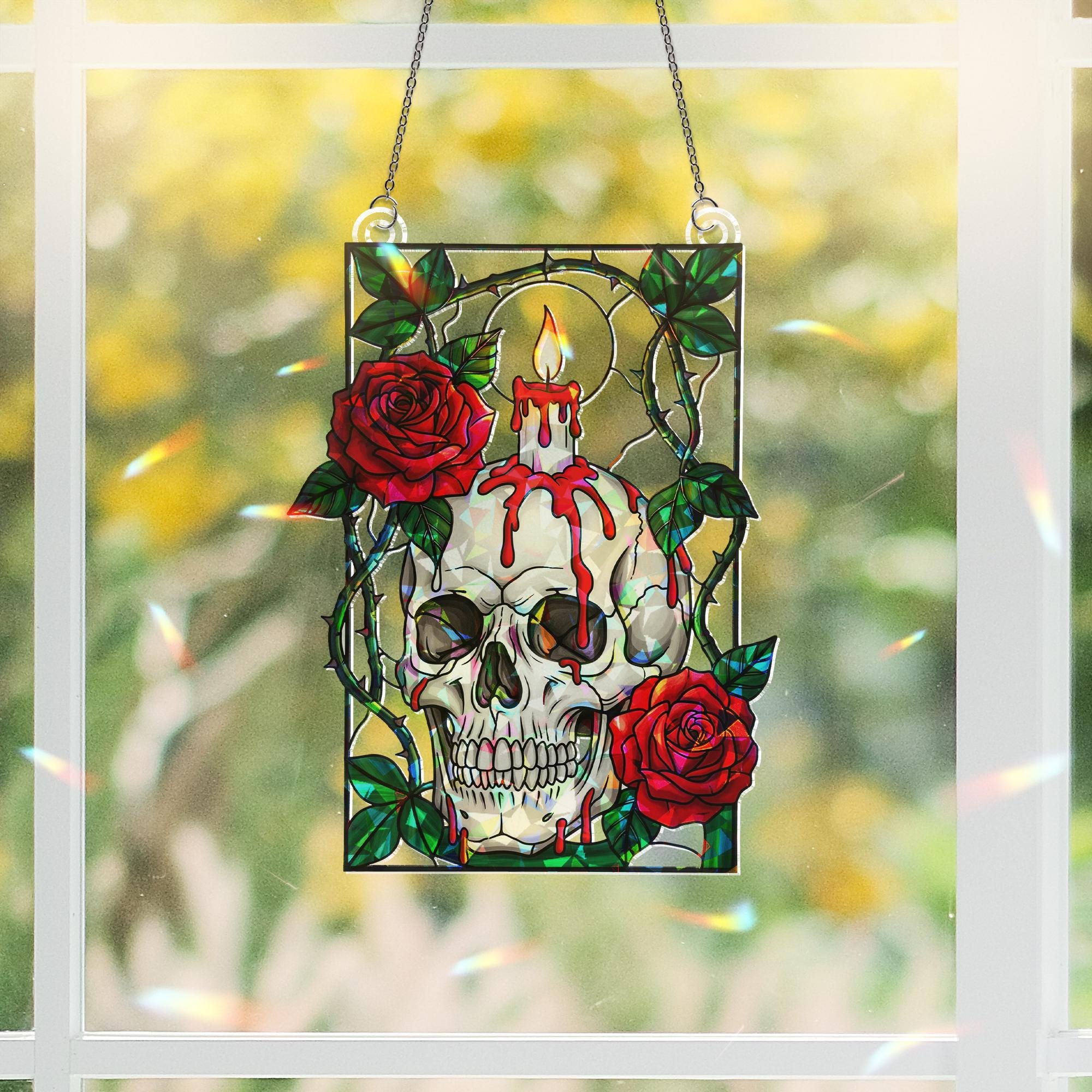 Skull and Rose Stained Glass Suncatcher – Gothic Candle Horror Window Decor