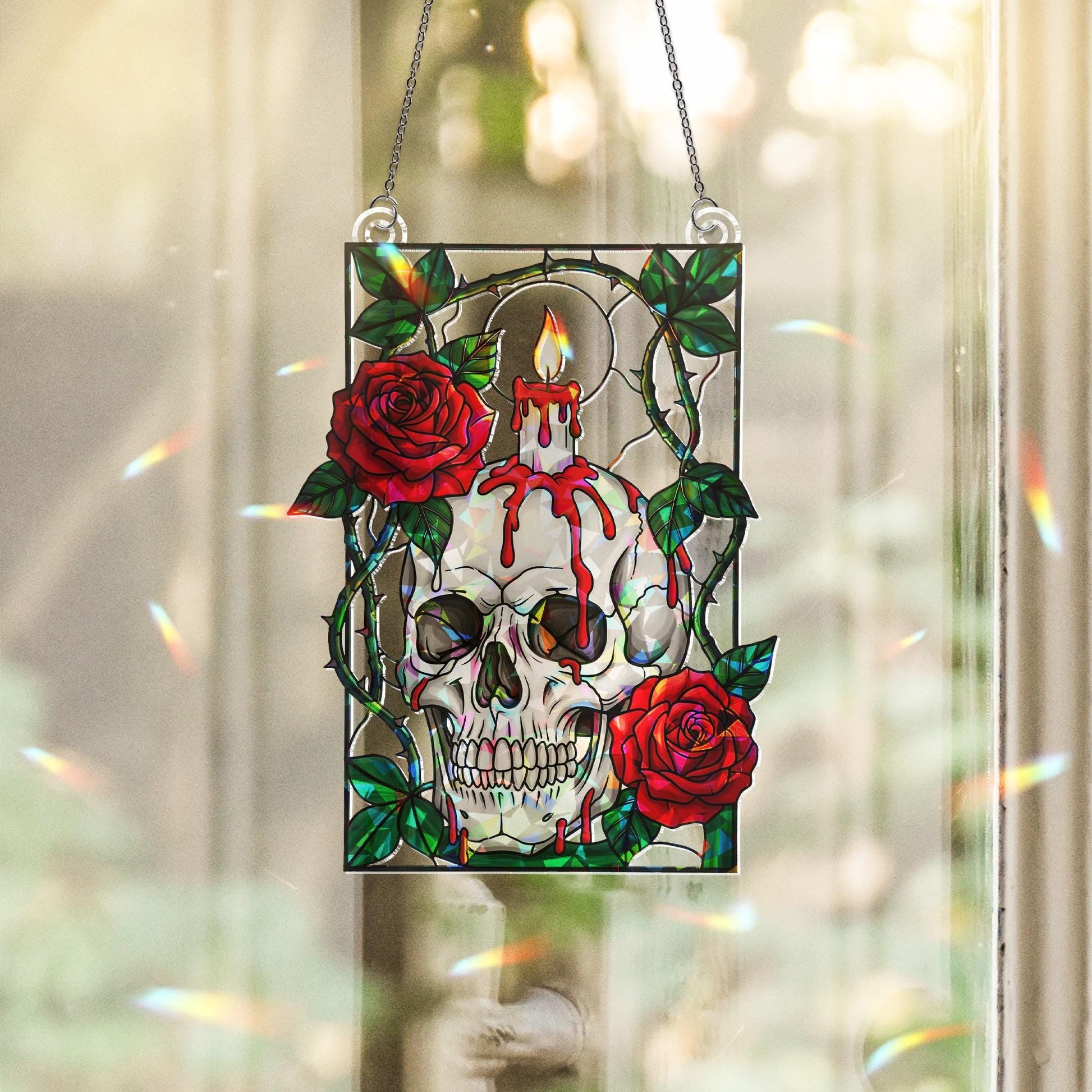 Skull and Rose Stained Glass Suncatcher – Gothic Candle Horror Window Decor