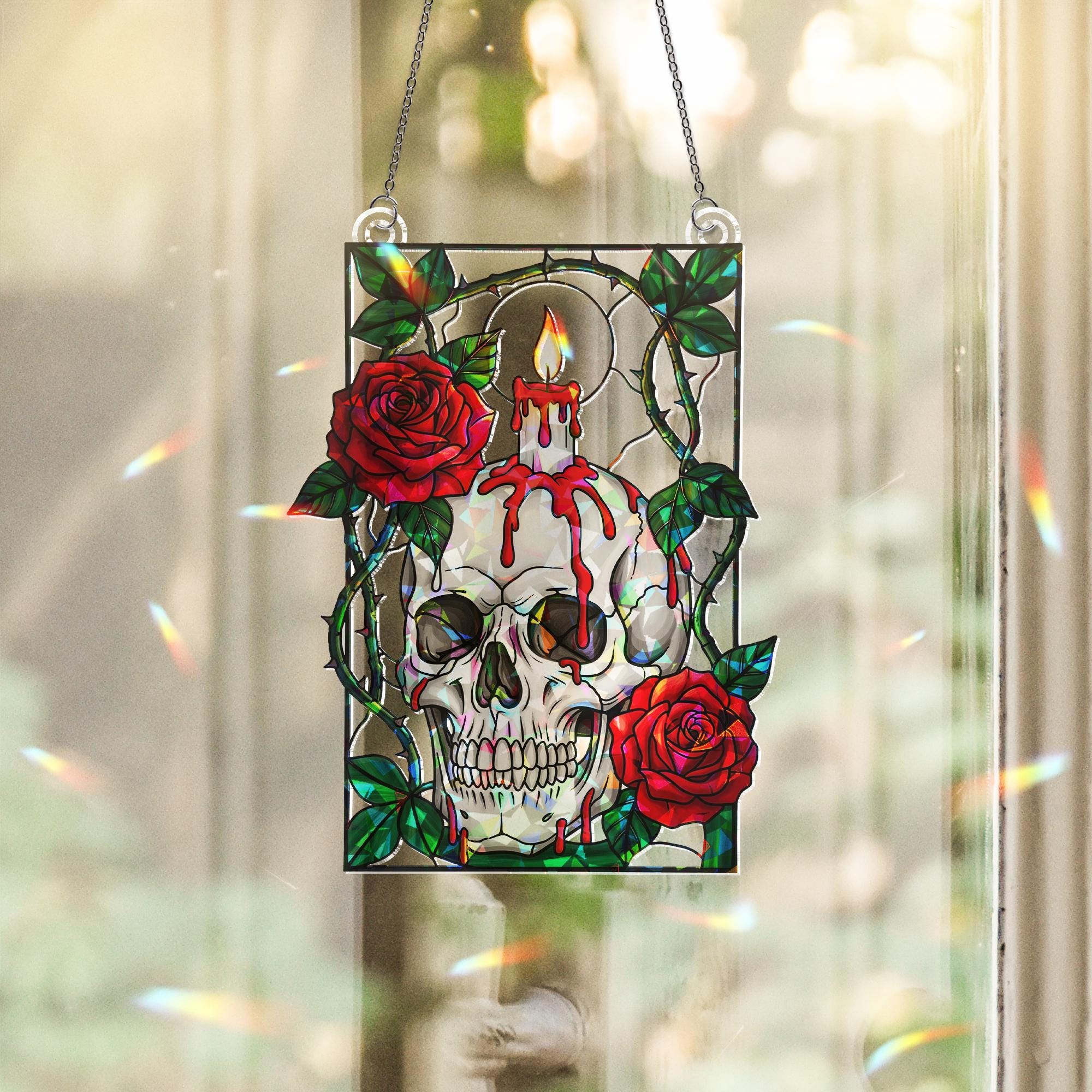 Skull and Rose Stained Glass Suncatcher – Gothic Candle Horror Window Decor