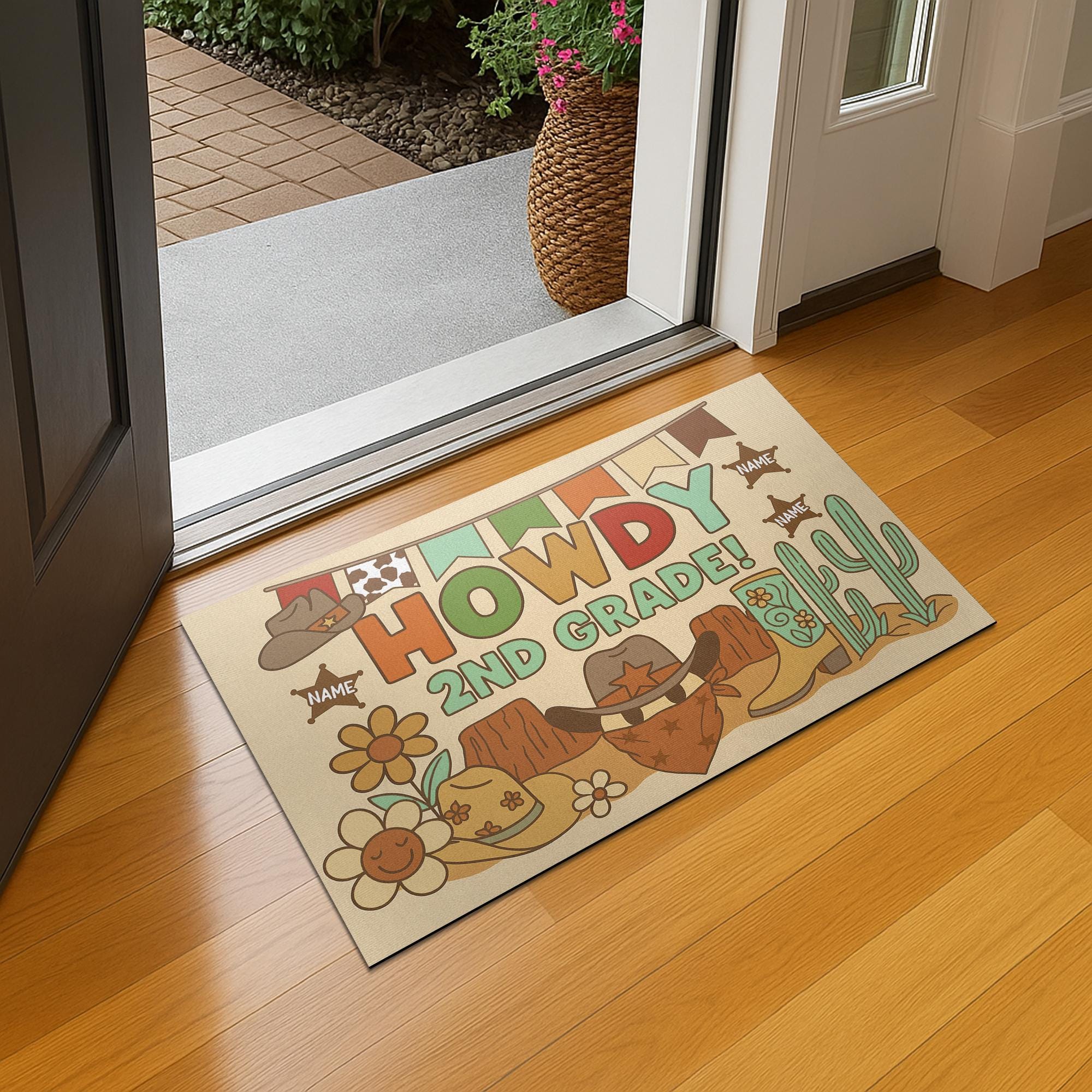 Howdy 2nd Grade Doormat, Personalized Western Cowboy Classroom Rug, Back to School Teacher Entry Mat, Rustic Country Decor, School Decor Rug
