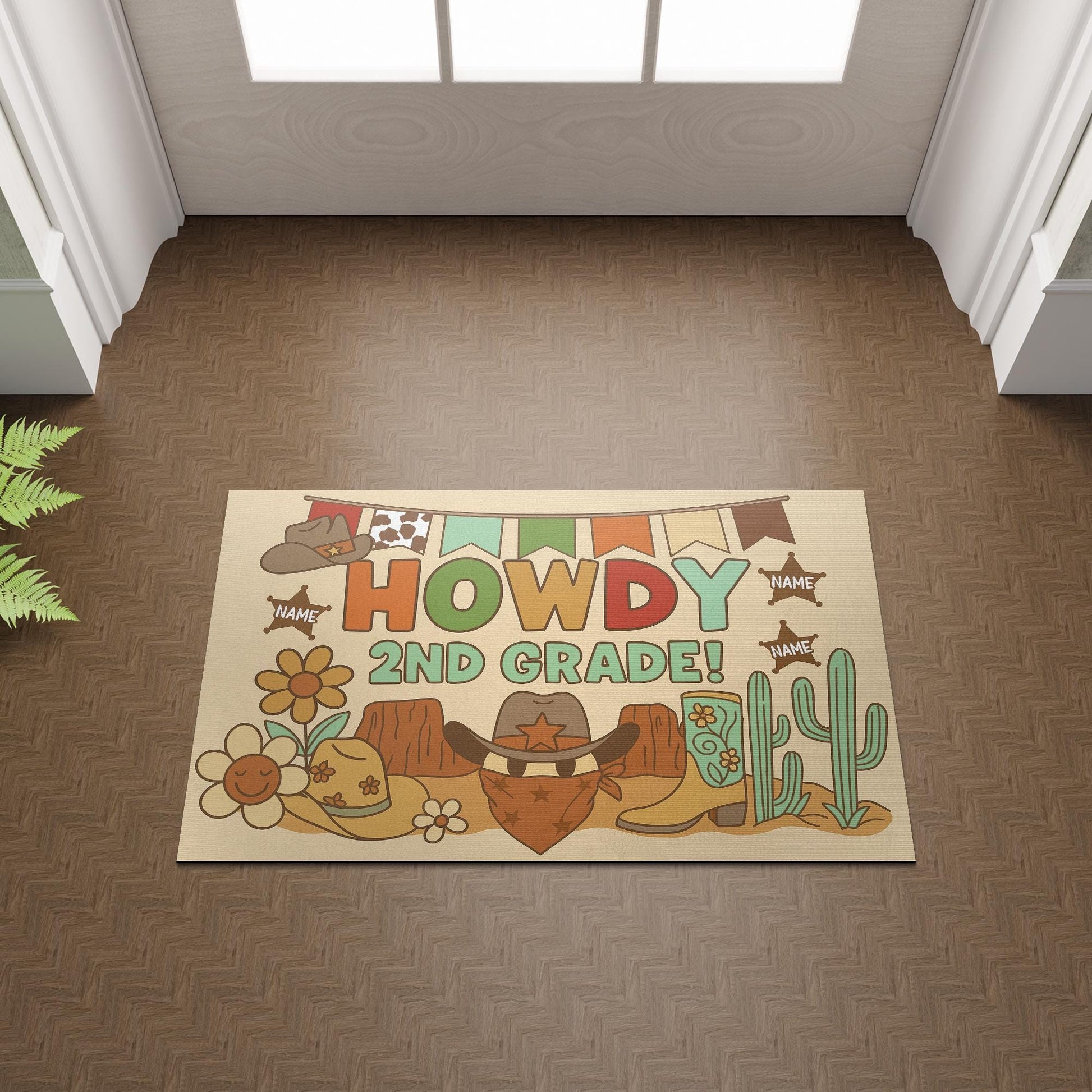 Howdy 2nd Grade Doormat, Personalized Western Cowboy Classroom Rug, Back to School Teacher Entry Mat, Rustic Country Decor, School Decor Rug