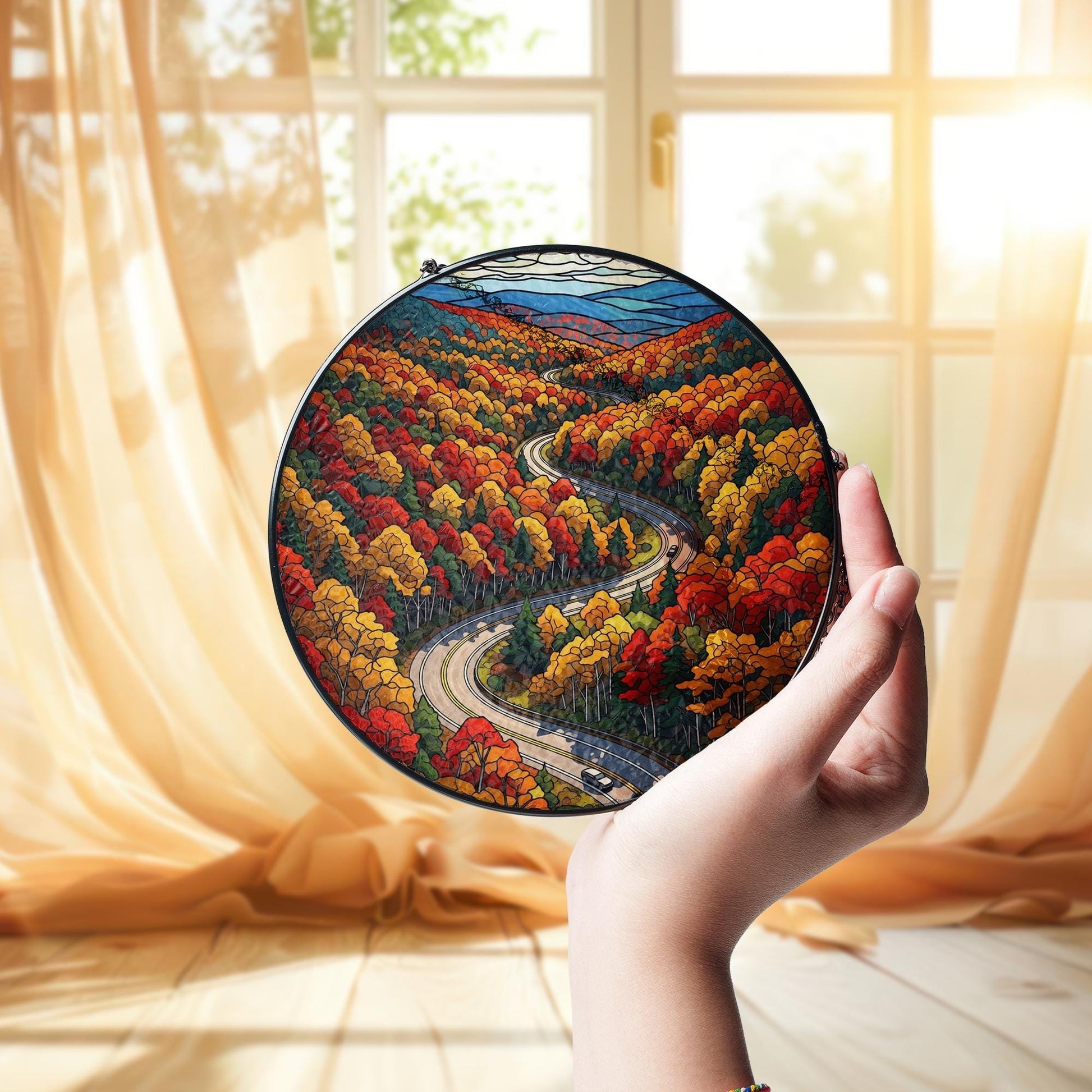 Autumn Mountain Road Suncatcher - Faux Stained Glass Window Hanging, Fall Foliage Drive Scenic Decor for Cozy Nature-Lover Home