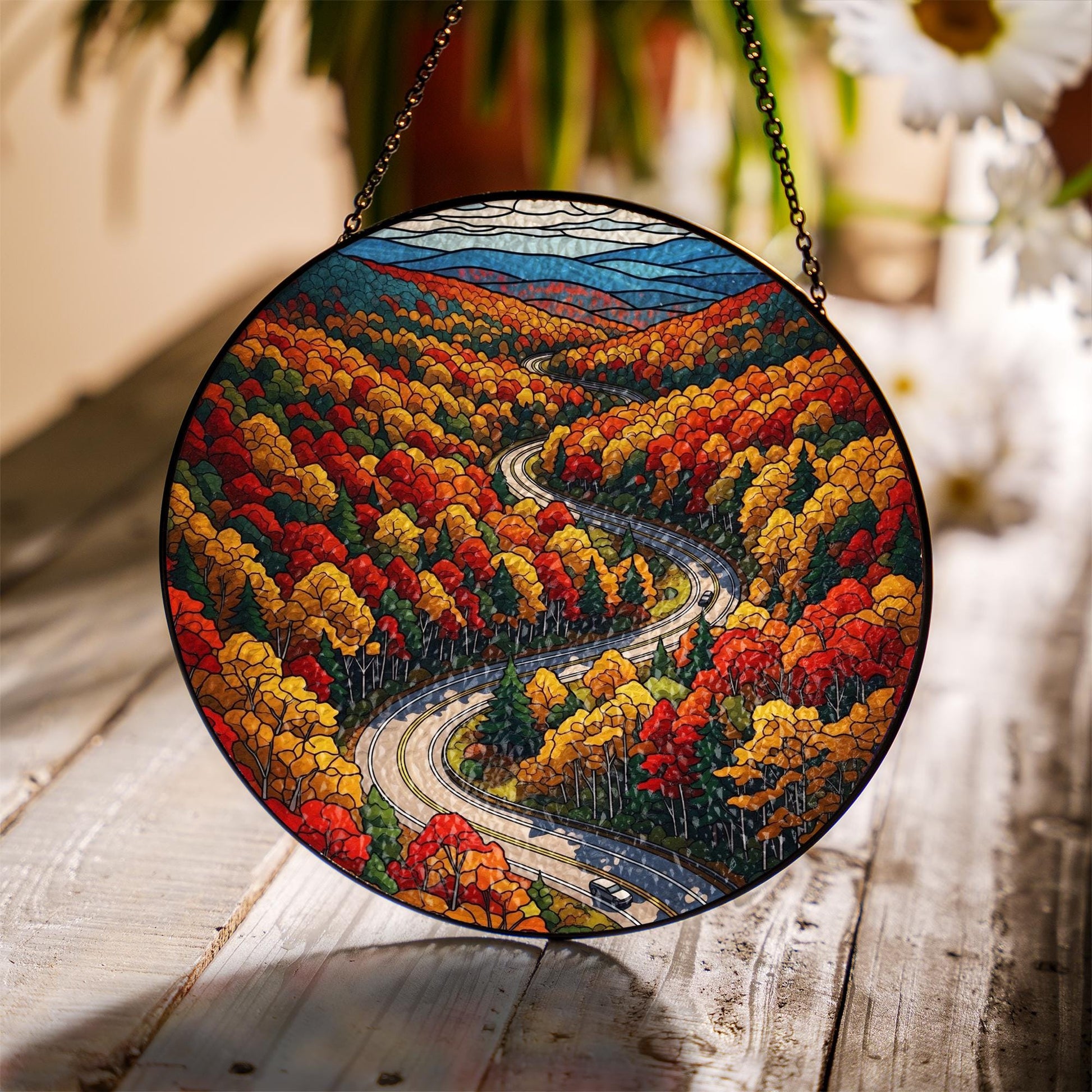 Autumn Mountain Road Suncatcher - Faux Stained Glass Window Hanging, Fall Foliage Drive Scenic Decor for Cozy Nature-Lover Home