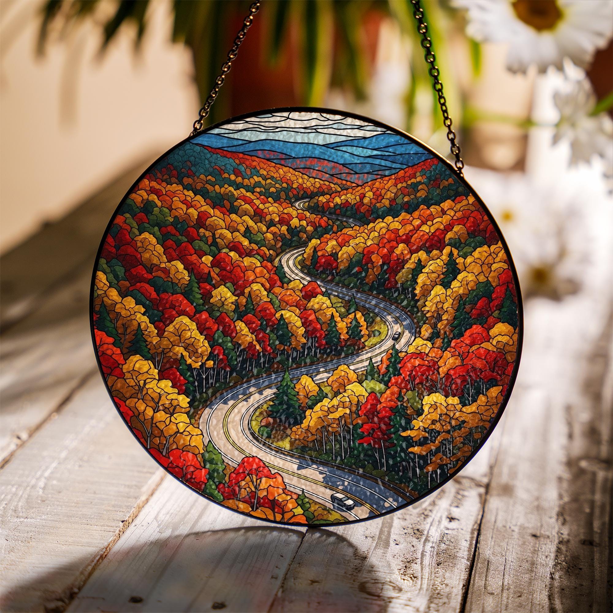 Autumn Mountain Road Suncatcher - Faux Stained Glass Window Hanging, Fall Foliage Drive Scenic Decor for Cozy Nature-Lover Home