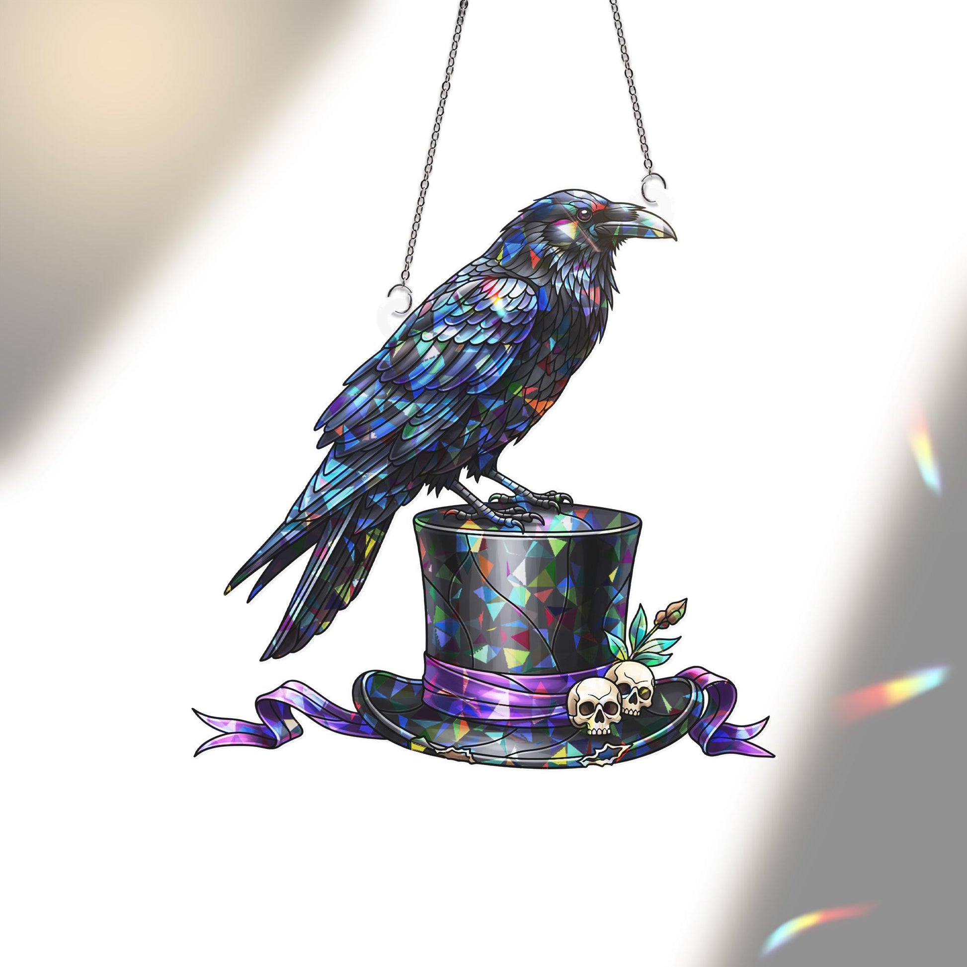 Raven Stained Glass Suncatcher – Gothic Crow Top Hat Halloween Window Decor