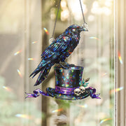 Raven Stained Glass Suncatcher – Gothic Crow Top Hat Halloween Window Decor
