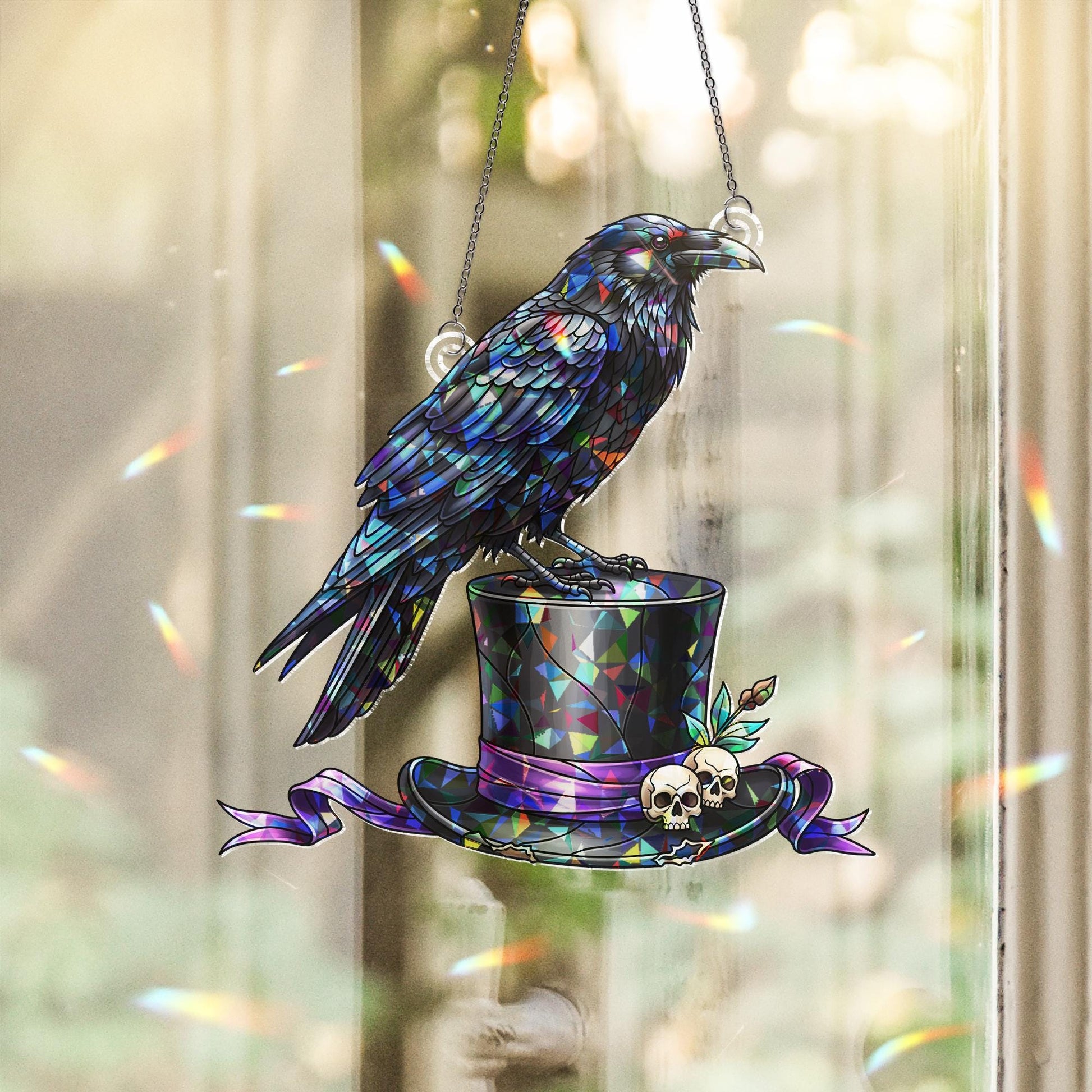 Raven Stained Glass Suncatcher – Gothic Crow Top Hat Halloween Window Decor