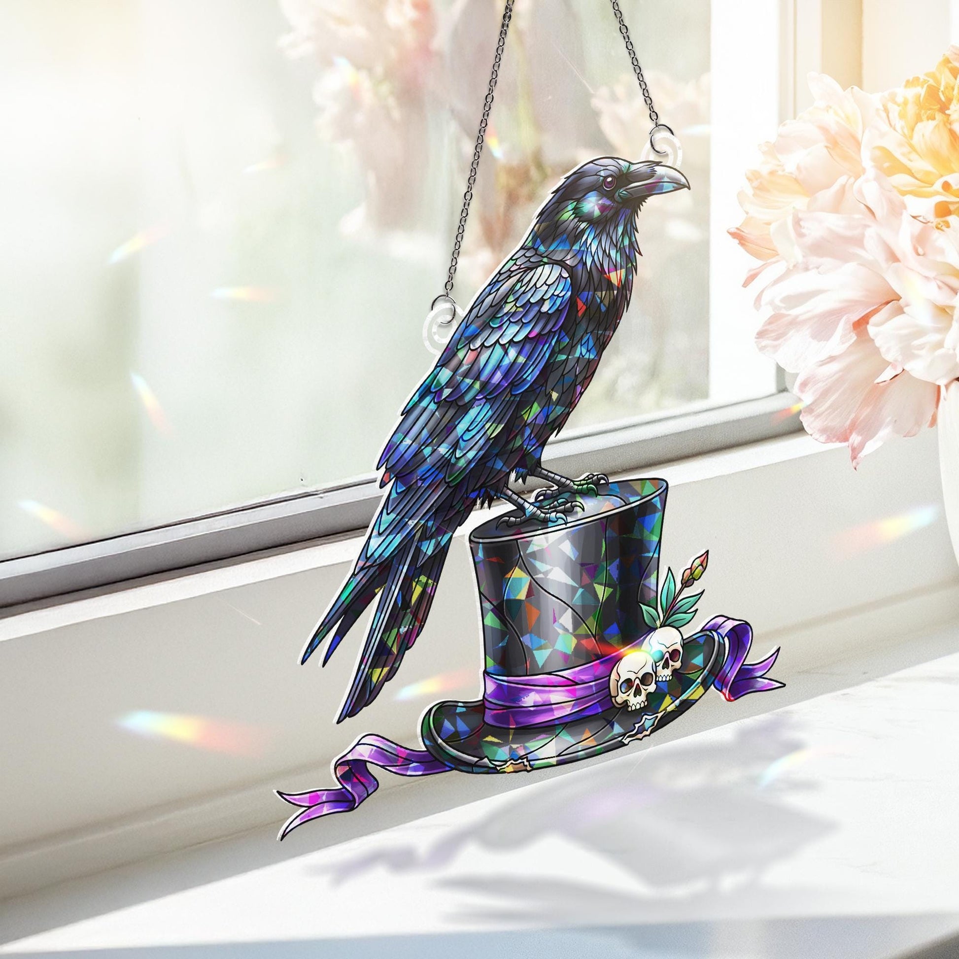 Raven Stained Glass Suncatcher – Gothic Crow Top Hat Halloween Window Decor