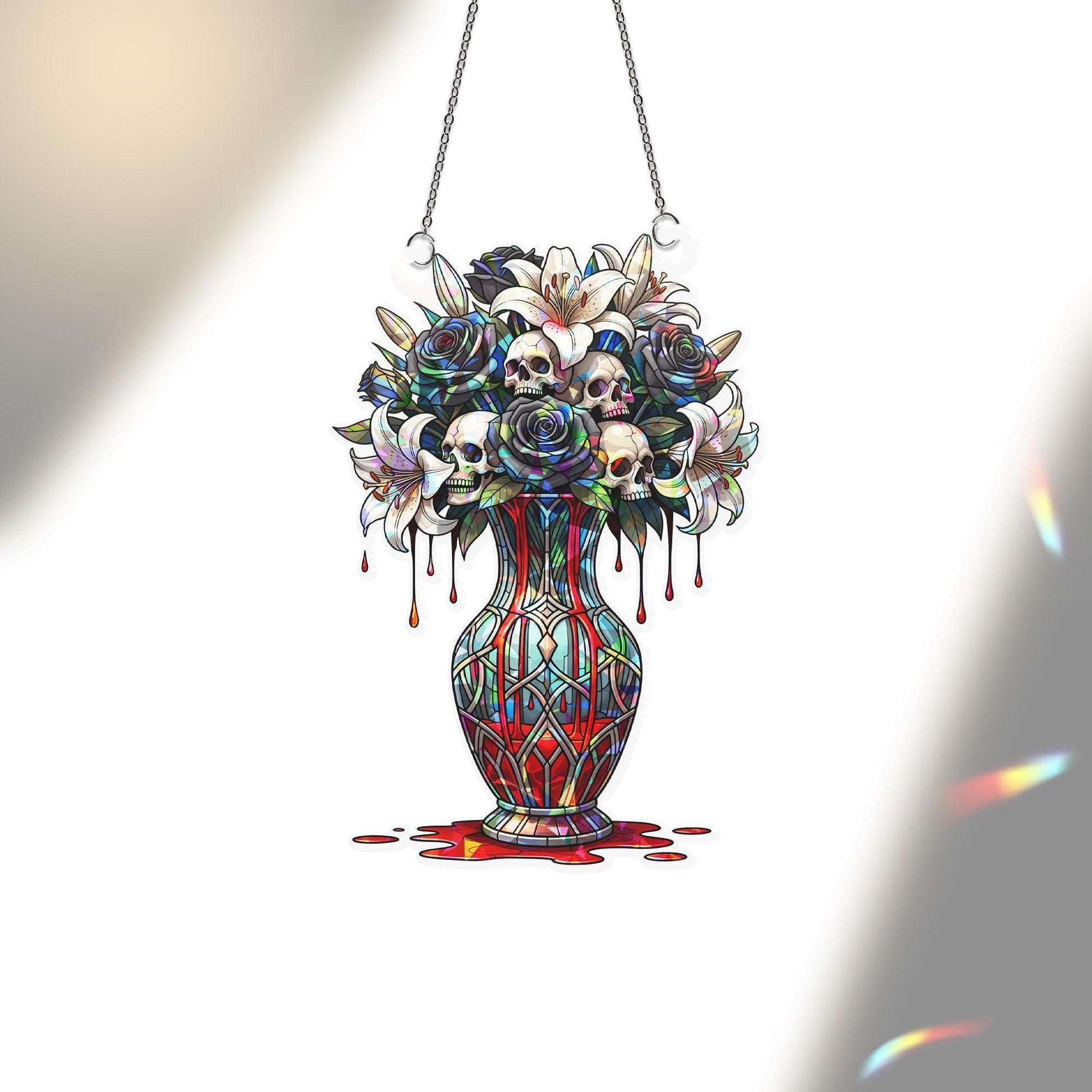 Gothic Skull Flower Vase Suncatcher – Dark Floral Stained Glass Window Decor