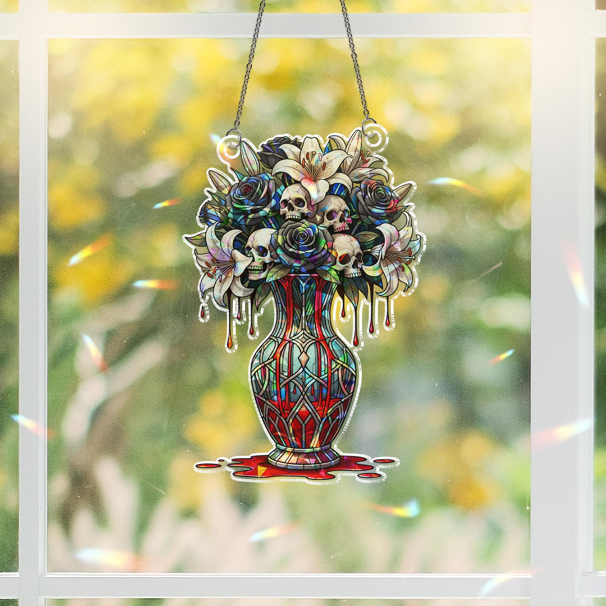 Gothic Skull Flower Vase Suncatcher – Dark Floral Stained Glass Window Decor