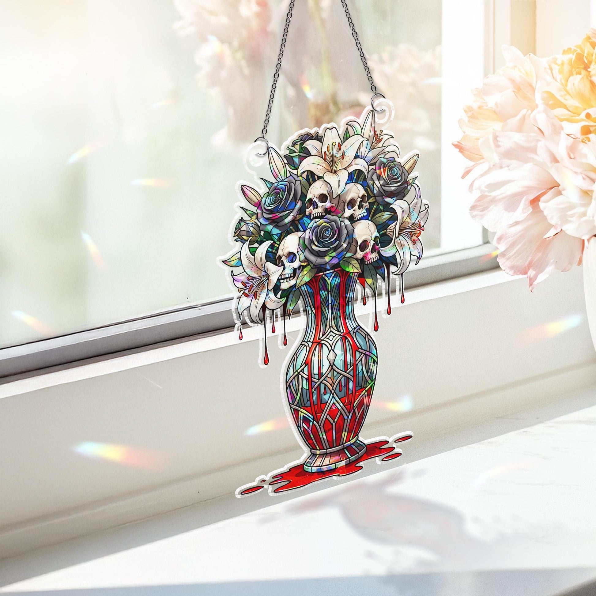 Gothic Skull Flower Vase Suncatcher – Dark Floral Stained Glass Window Decor