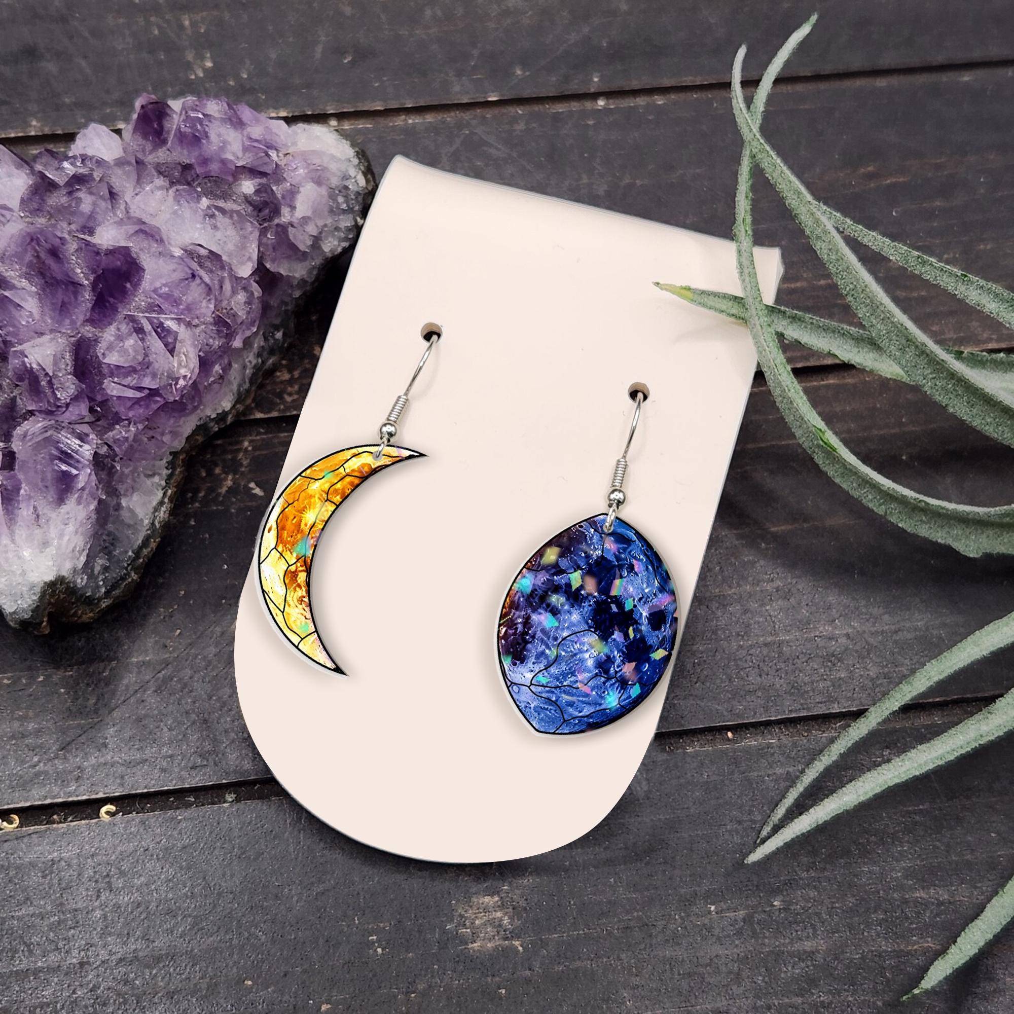 Moon Phase Earrings - Asymmetrical Celestial Drop Earrings, Faux Glass Lunar Jewelry for Space Lover, Witchy Boho Starry Night Gift