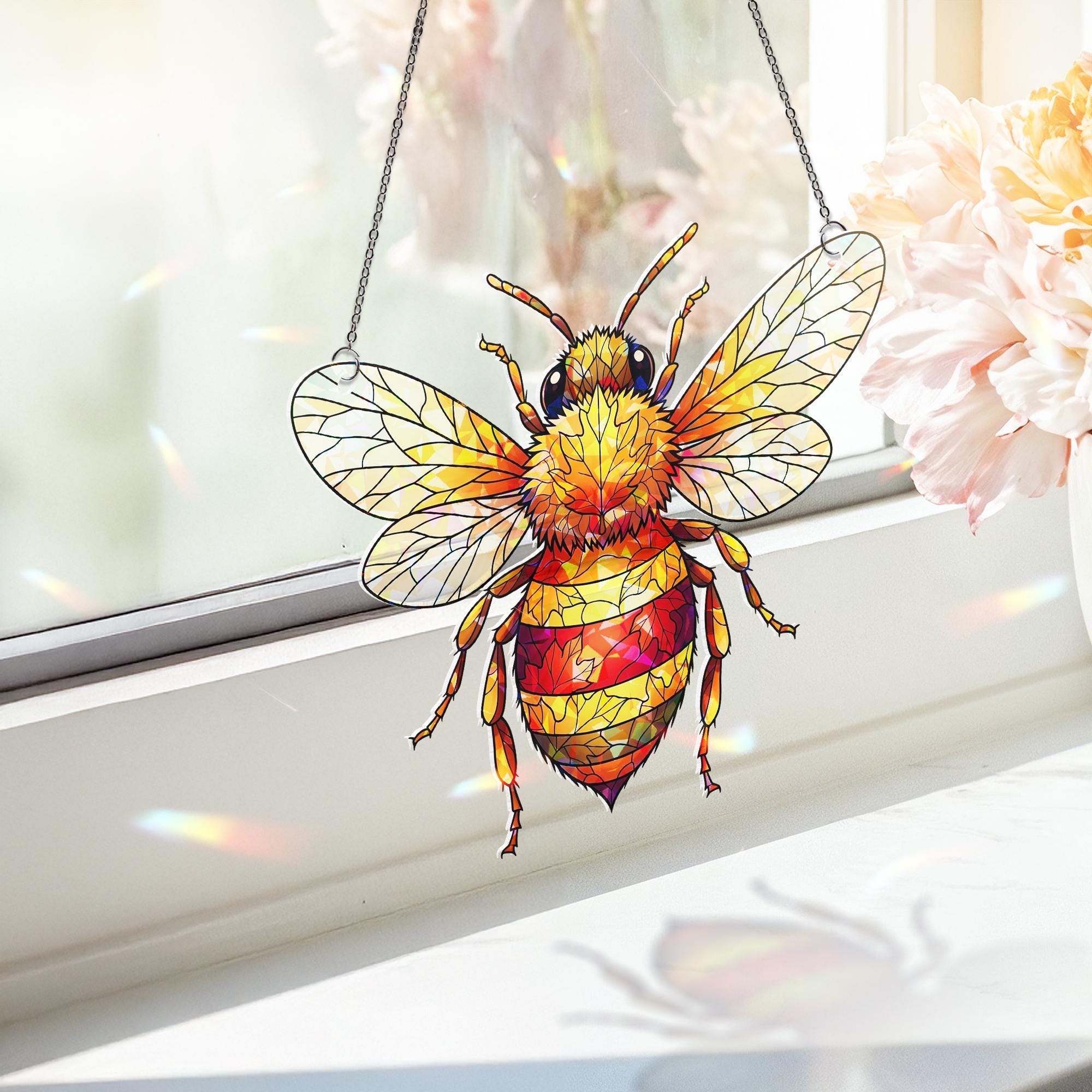 Stained Glass Bee Suncatcher – Honeybee Window Decor, Nature Insect Gift