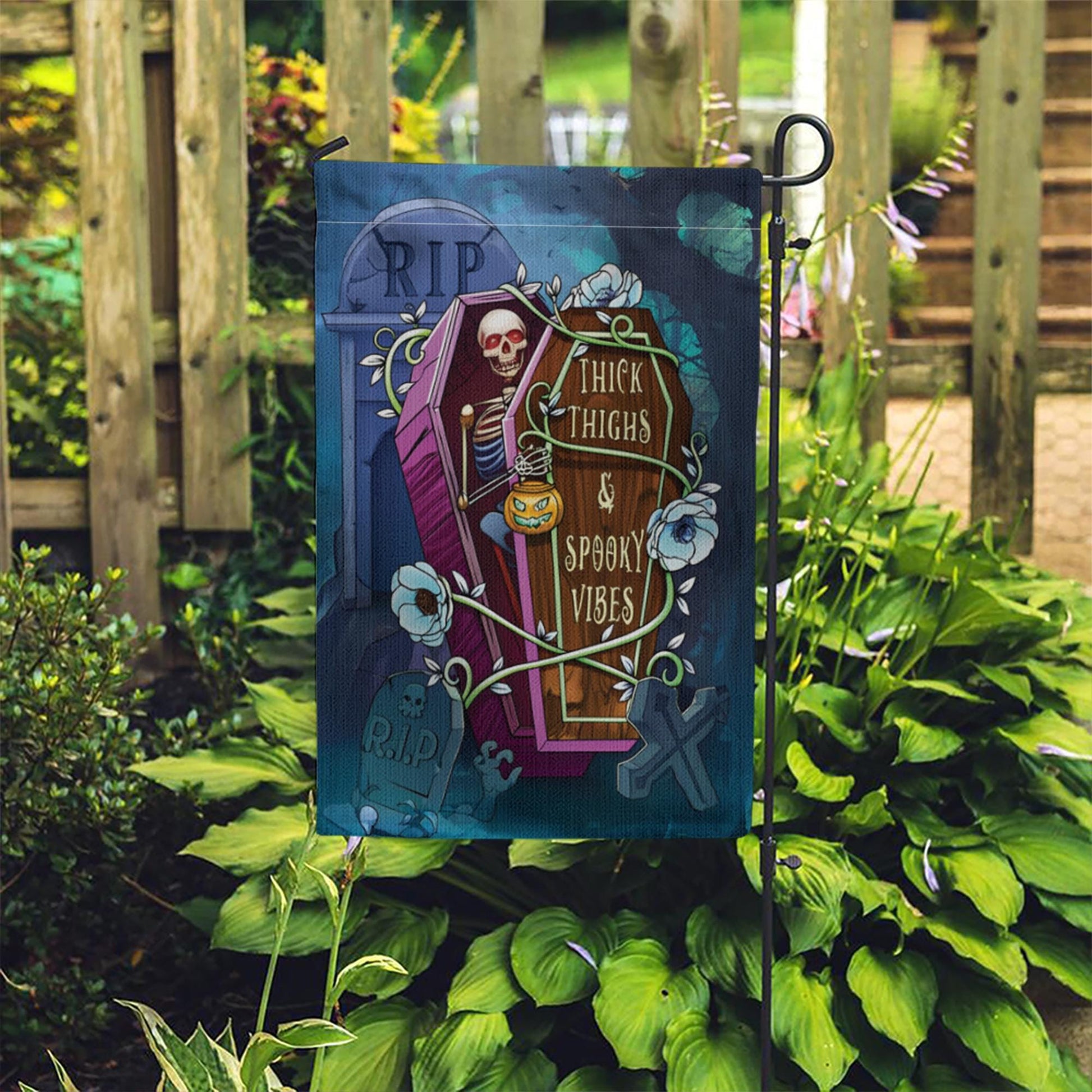 Funny Halloween Garden Flag - Thick Thighs Spooky Vibes Skeleton Yard Decor - Cute Halloween Outdoor Sign