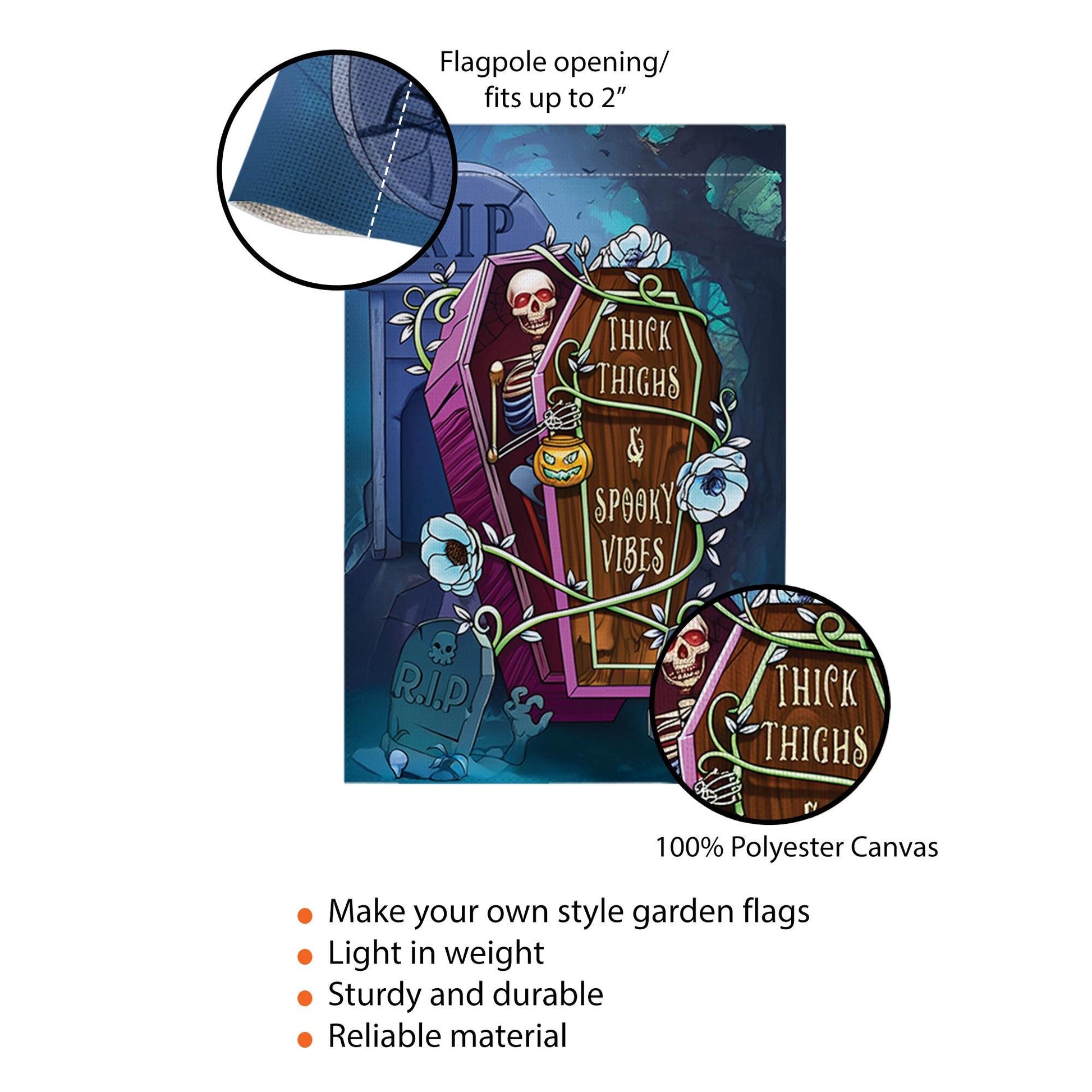 Funny Halloween Garden Flag - Thick Thighs Spooky Vibes Skeleton Yard Decor - Cute Halloween Outdoor Sign