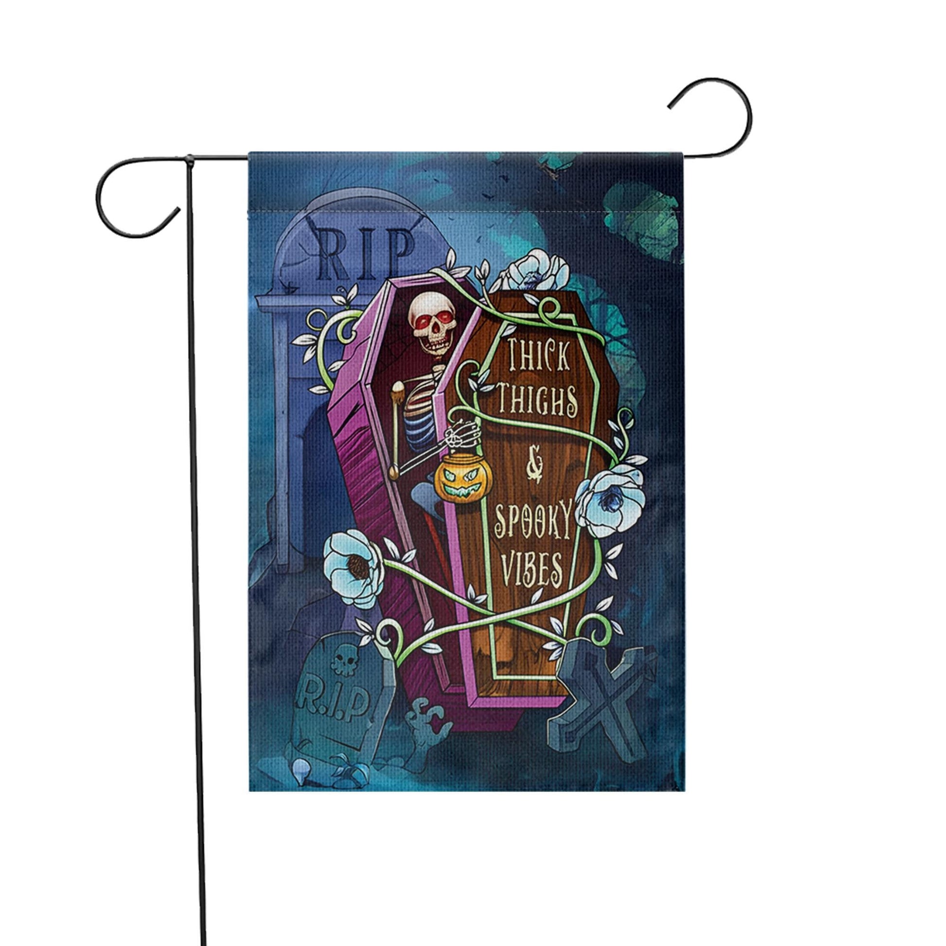 Funny Halloween Garden Flag - Thick Thighs Spooky Vibes Skeleton Yard Decor - Cute Halloween Outdoor Sign