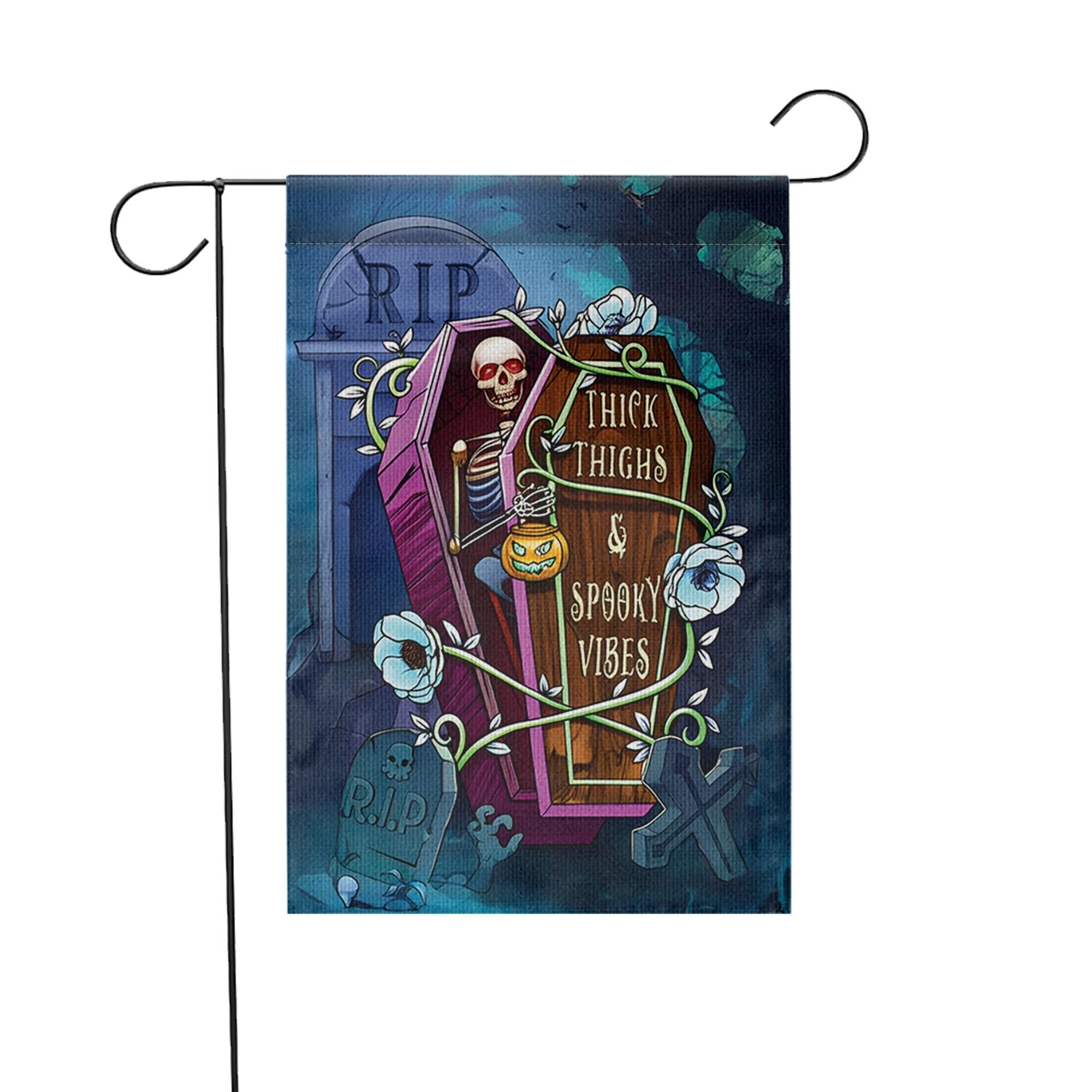 Funny Halloween Garden Flag - Thick Thighs Spooky Vibes Skeleton Yard Decor - Cute Halloween Outdoor Sign