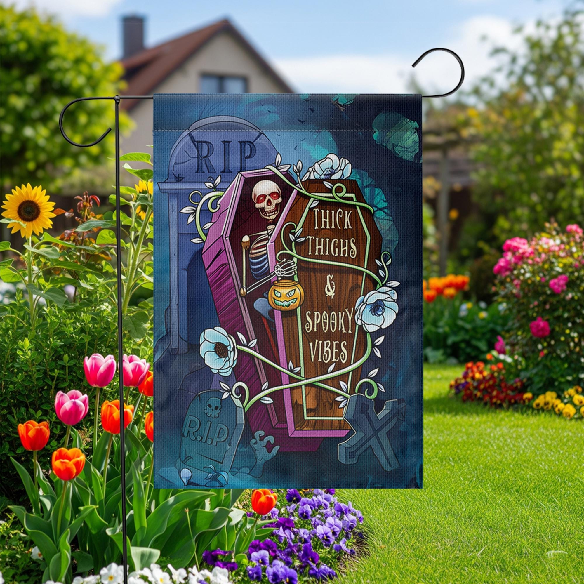 Funny Halloween Garden Flag - Thick Thighs Spooky Vibes Skeleton Yard Decor - Cute Halloween Outdoor Sign