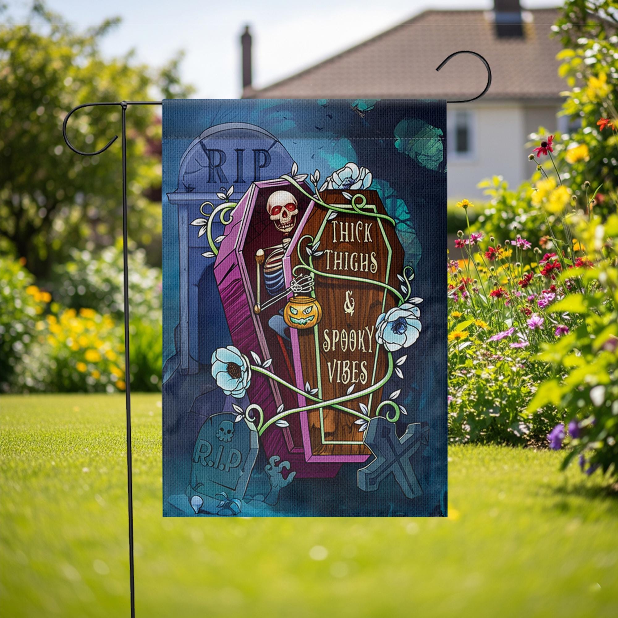 Funny Halloween Garden Flag - Thick Thighs Spooky Vibes Skeleton Yard Decor - Cute Halloween Outdoor Sign