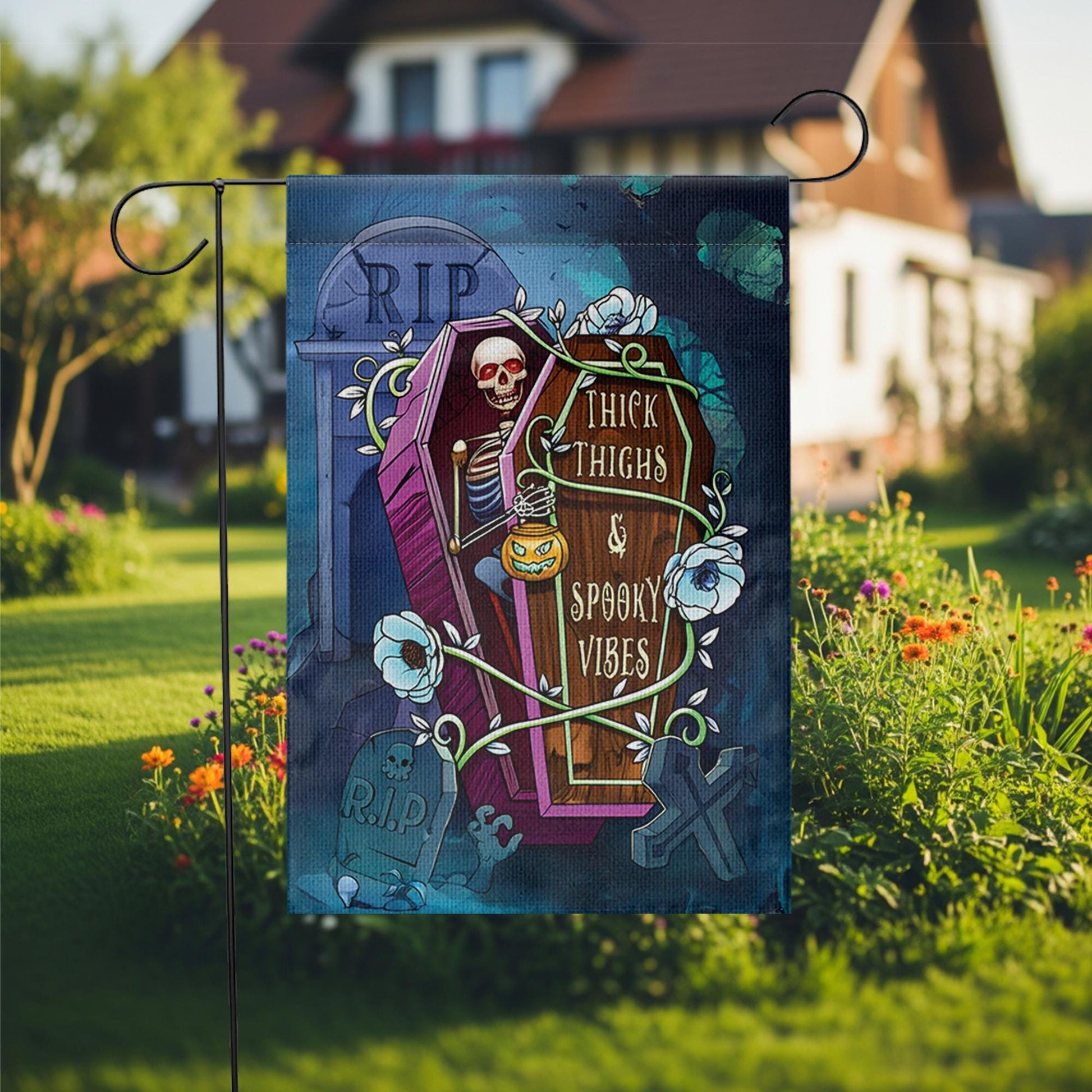 Funny Halloween Garden Flag - Thick Thighs Spooky Vibes Skeleton Yard Decor - Cute Halloween Outdoor Sign