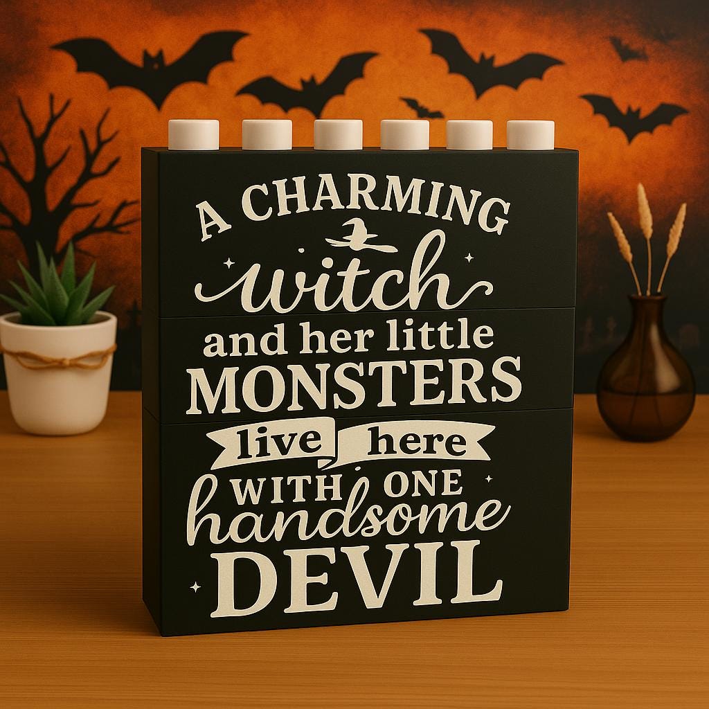 Charming Witch Halloween building Block Decor, Stacked Fall Sign with Quote, Funny Family Autumn Display, Spooky Season Table Accent
