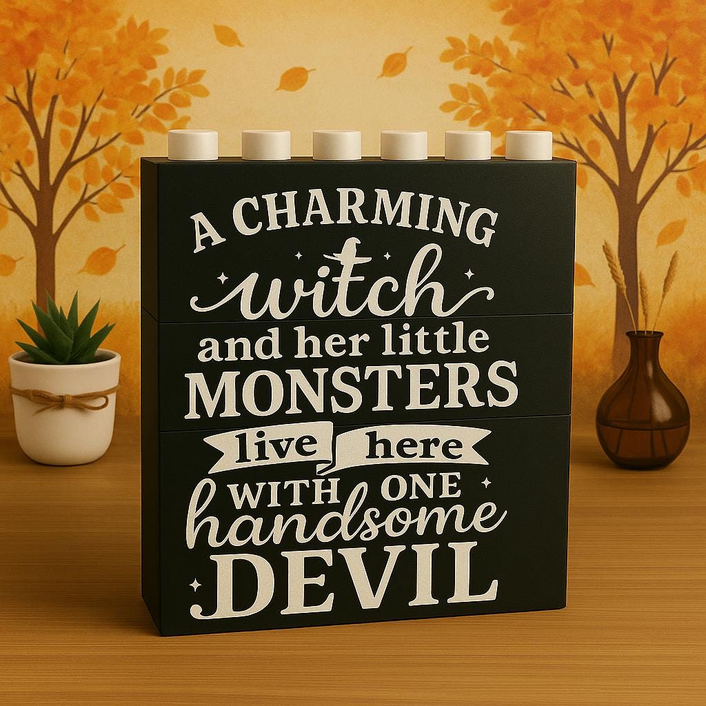 Charming Witch Halloween building Block Decor, Stacked Fall Sign with Quote, Funny Family Autumn Display, Spooky Season Table Accent