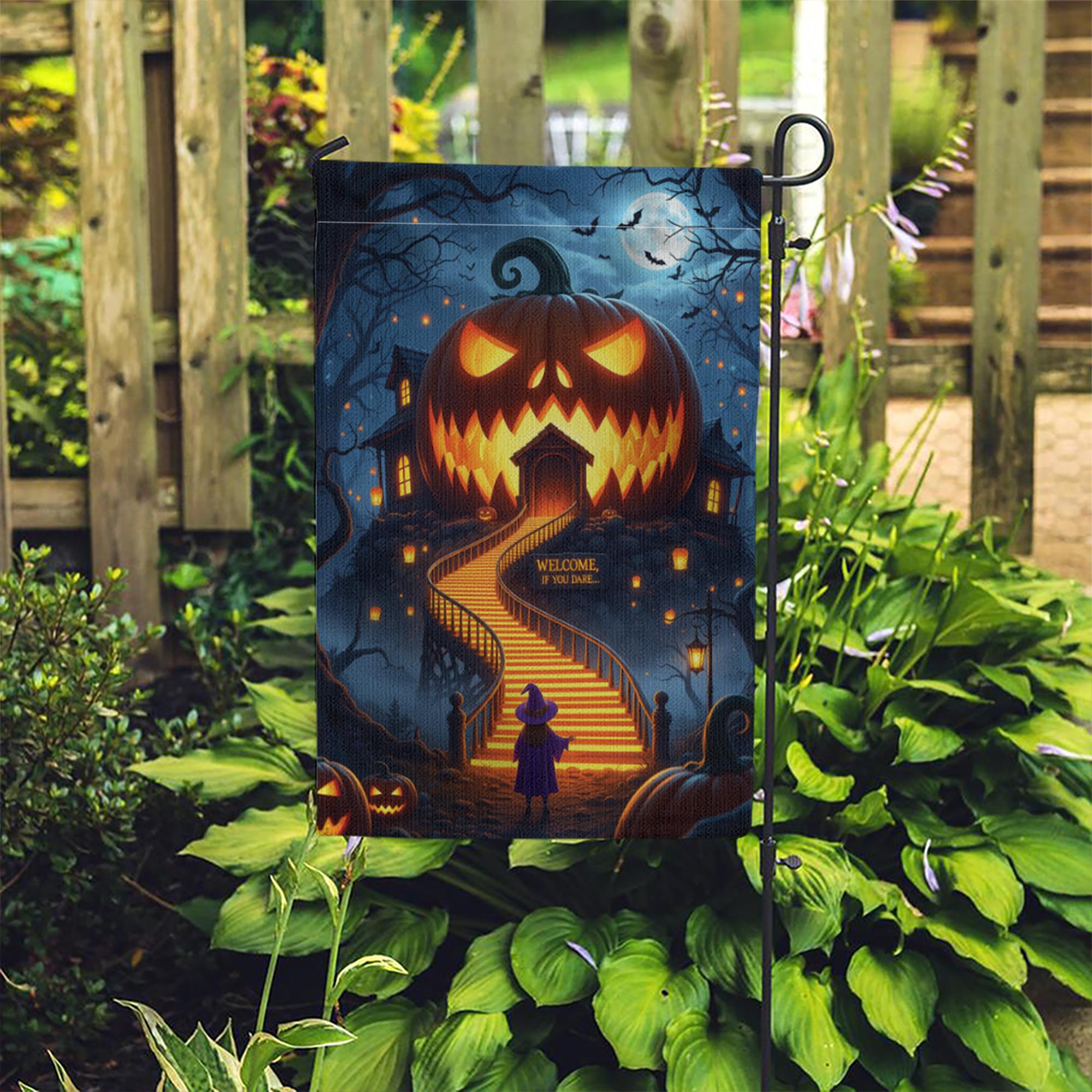 Scary Halloween Garden Flag – Haunted Pumpkin House Welcome Sign – Spooky Outdoor Yard Decor