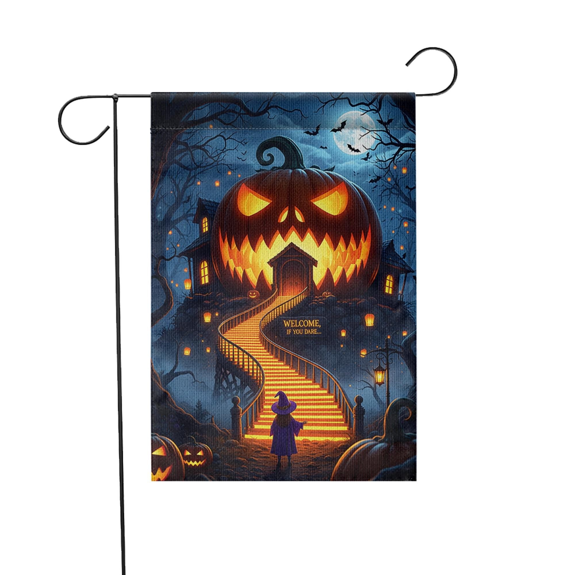 Scary Halloween Garden Flag – Haunted Pumpkin House Welcome Sign – Spooky Outdoor Yard Decor