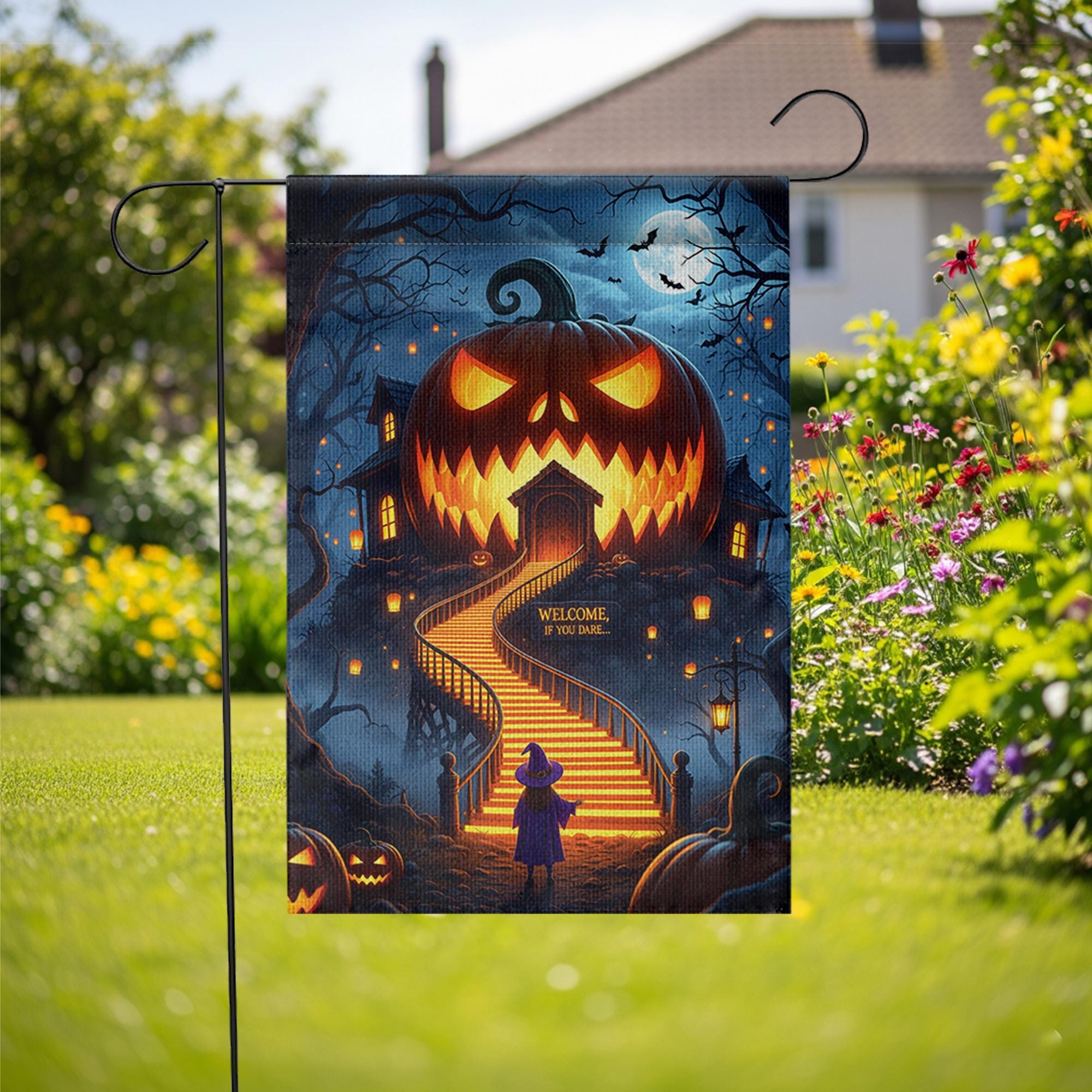 Scary Halloween Garden Flag – Haunted Pumpkin House Welcome Sign – Spooky Outdoor Yard Decor