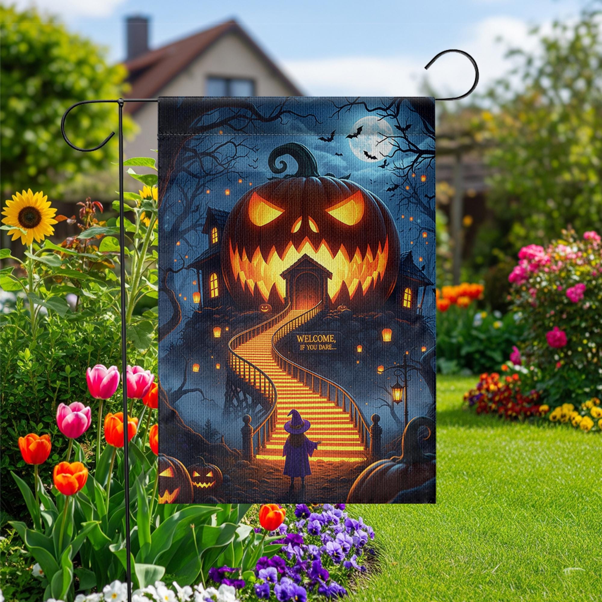 Scary Halloween Garden Flag – Haunted Pumpkin House Welcome Sign – Spooky Outdoor Yard Decor