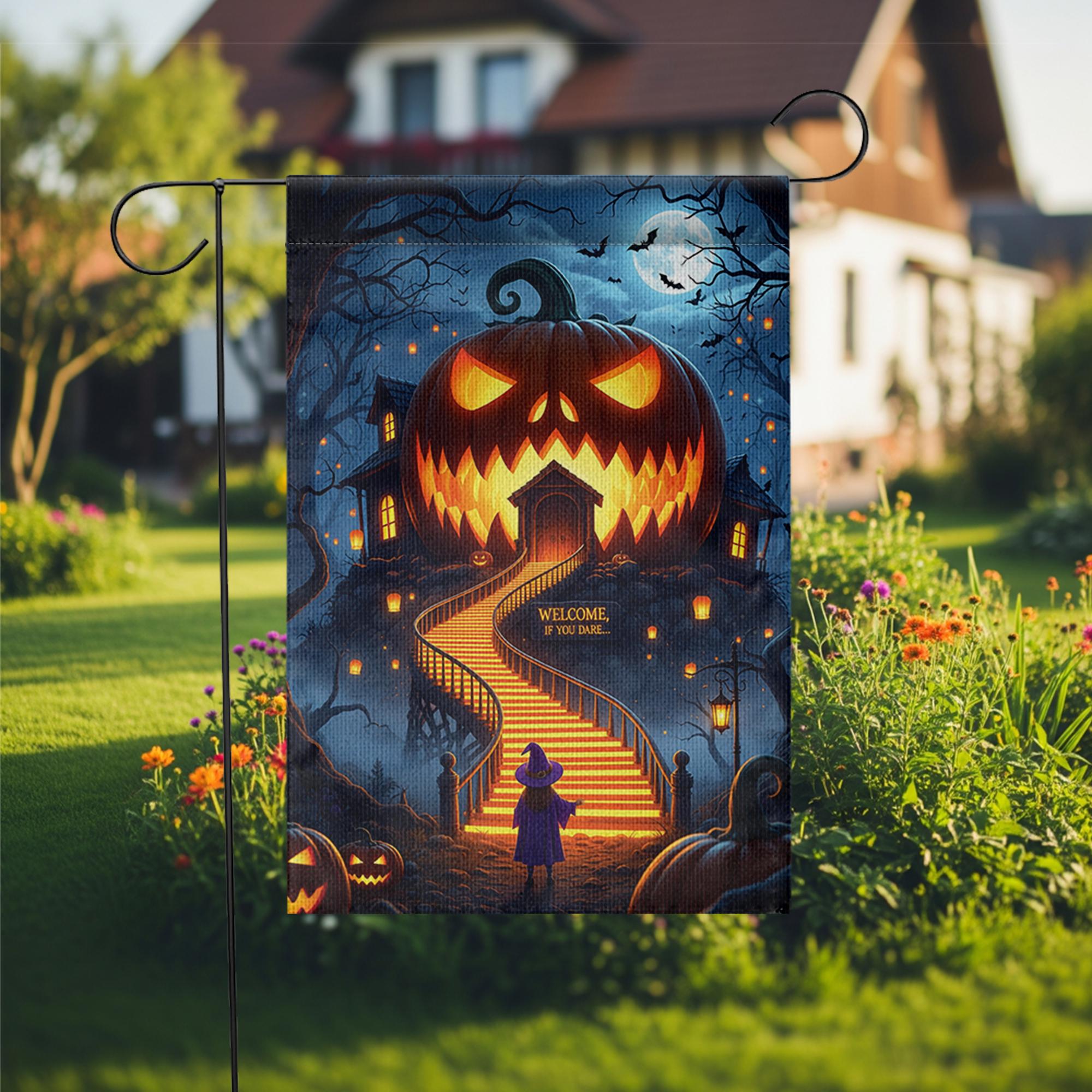 Scary Halloween Garden Flag – Haunted Pumpkin House Welcome Sign – Spooky Outdoor Yard Decor