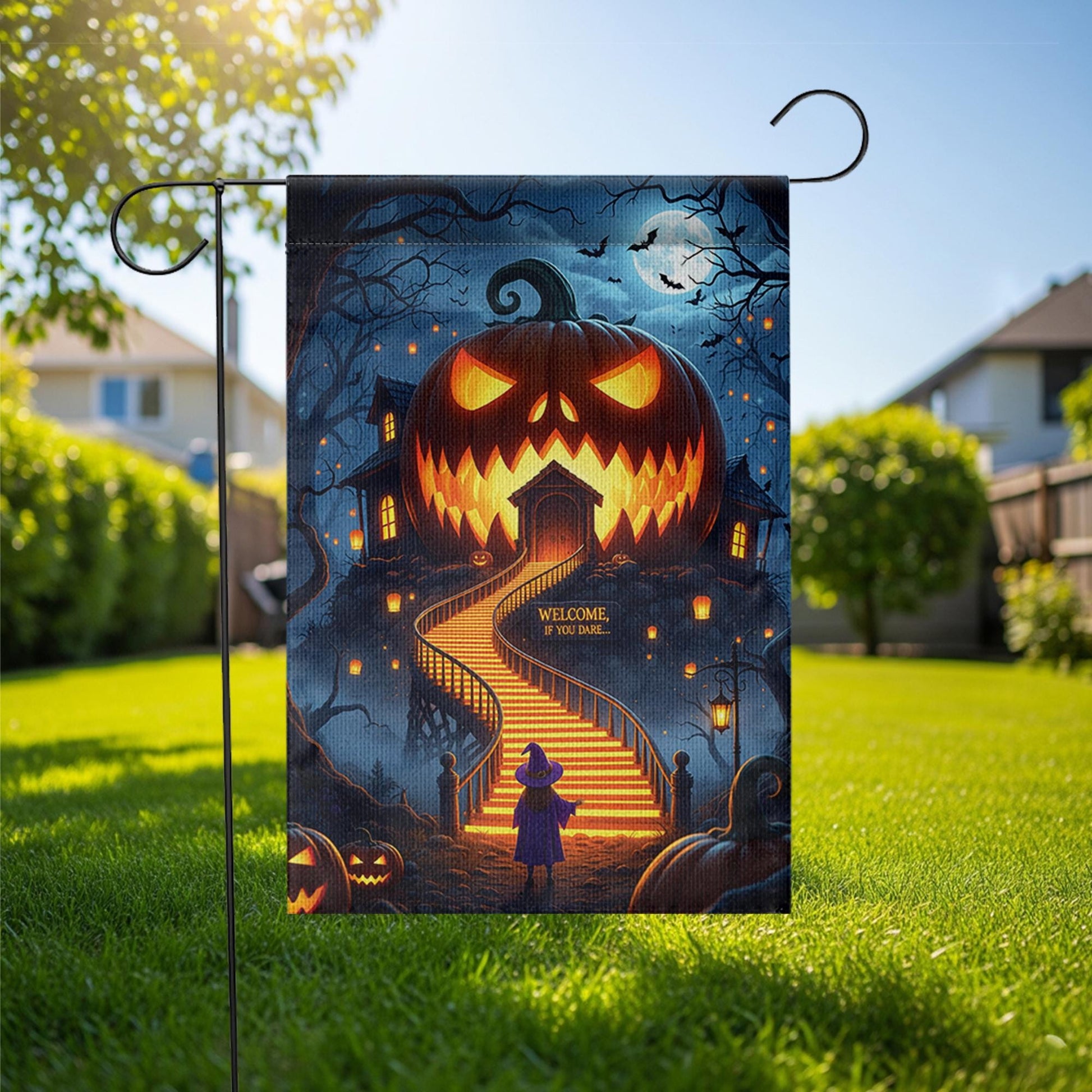Scary Halloween Garden Flag – Haunted Pumpkin House Welcome Sign – Spooky Outdoor Yard Decor