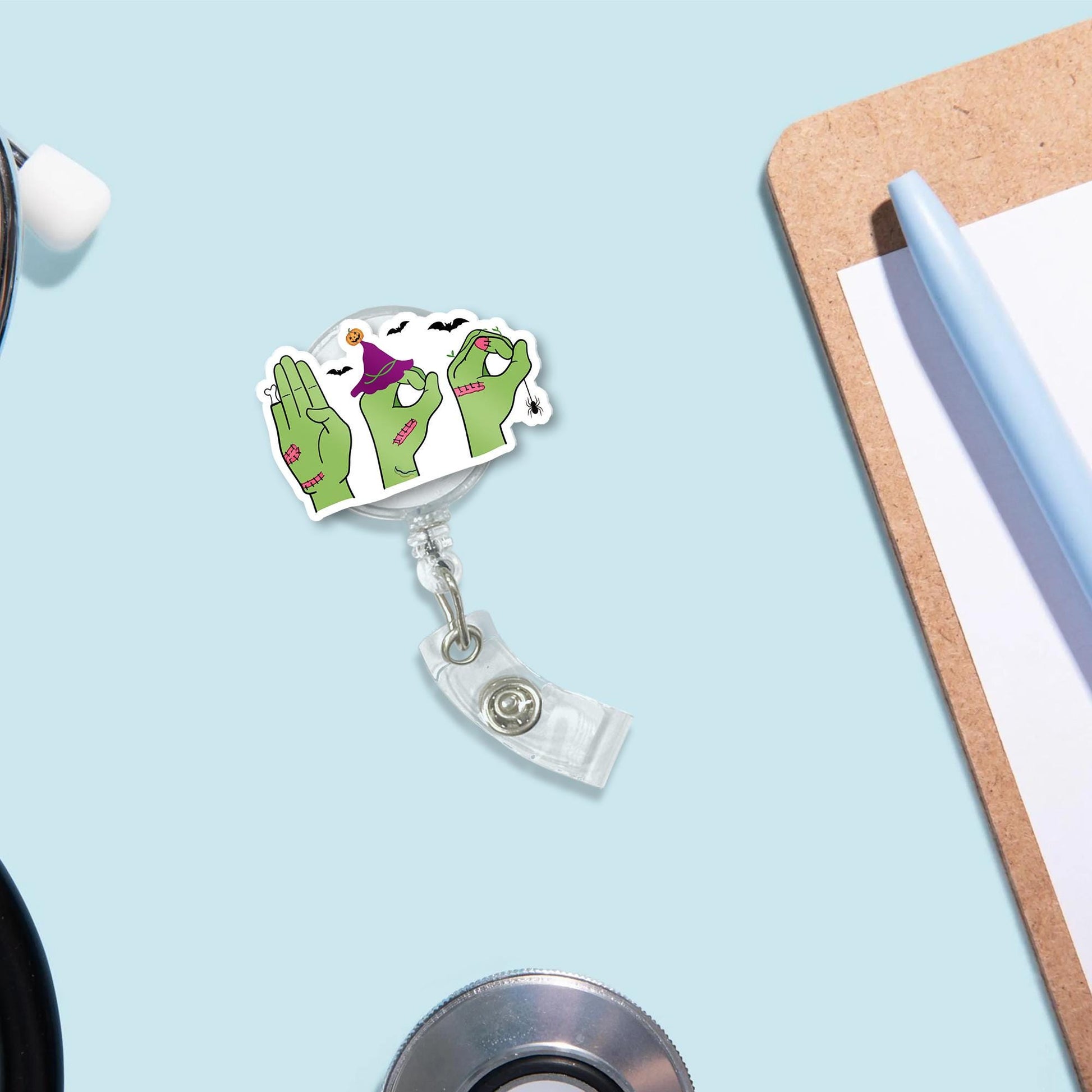 Halloween ASL Badge Reel - Zombie Hands Love Sign Retractable ID Holder, Cute Funny Spooky Nurse Badge for Fall Work Season